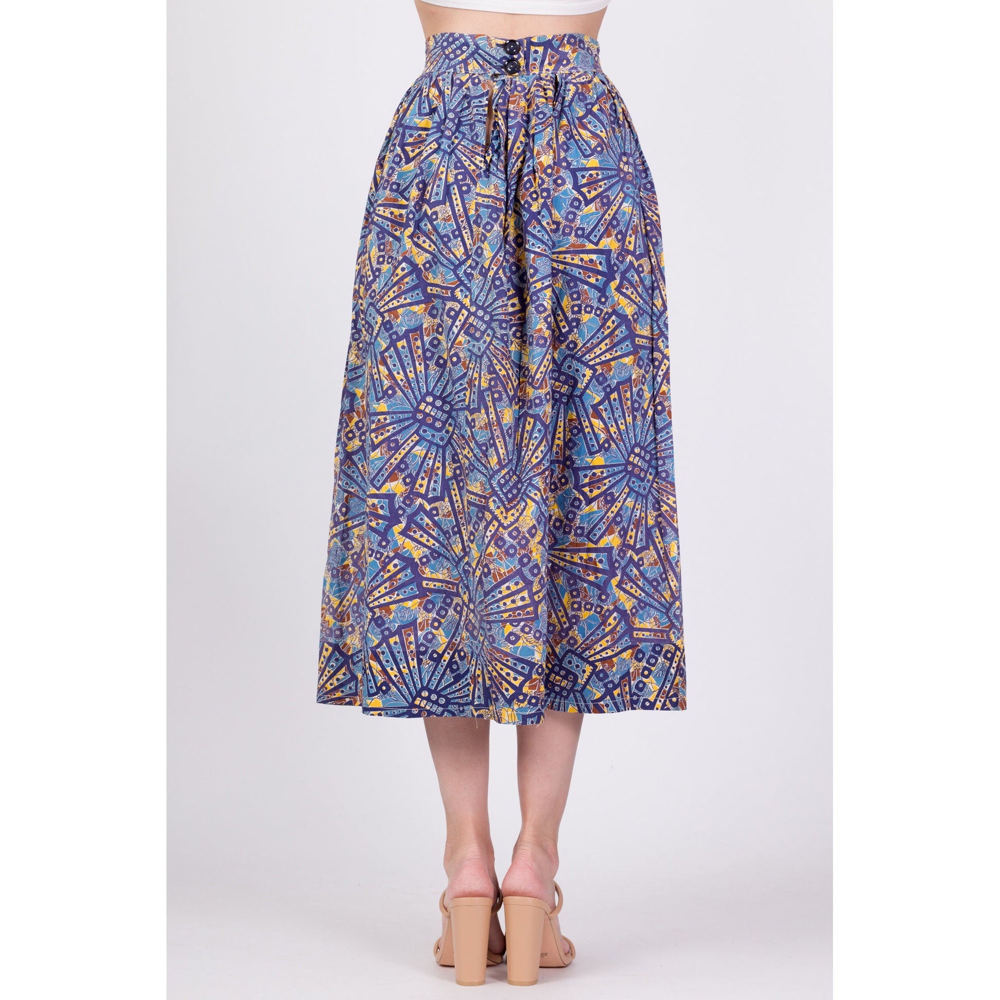 Vintage Boho African Wax Print Midi Skirt - Extra Small, 25" 