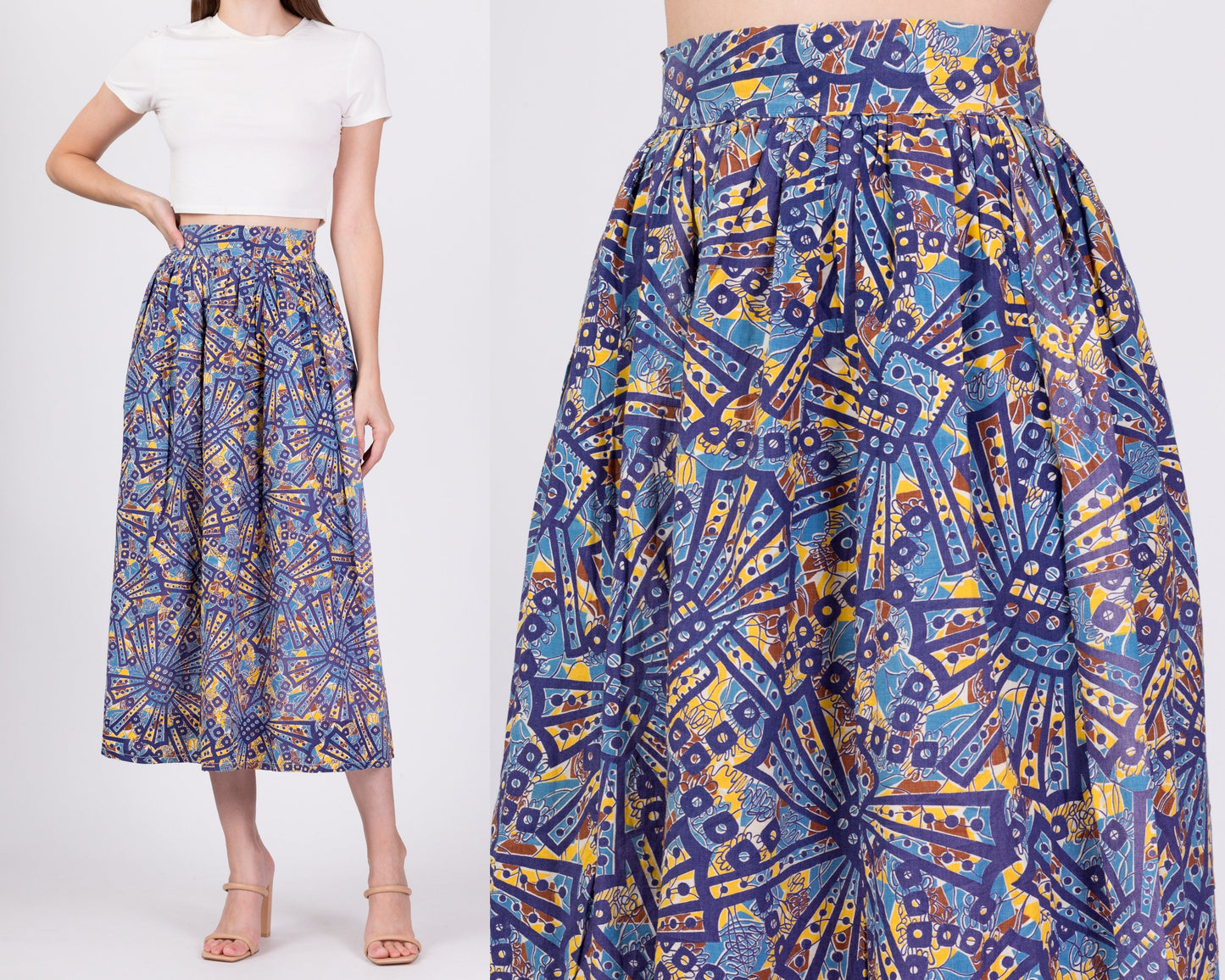Vintage Boho African Wax Print Midi Skirt - Extra Small, 25" 