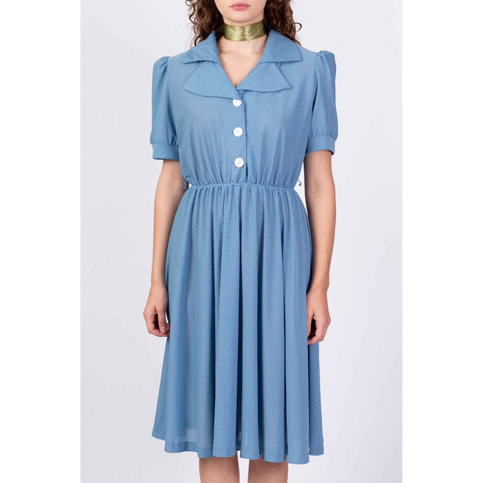 80s Does 50s Blue Polka Dot Midi Dress - Large 