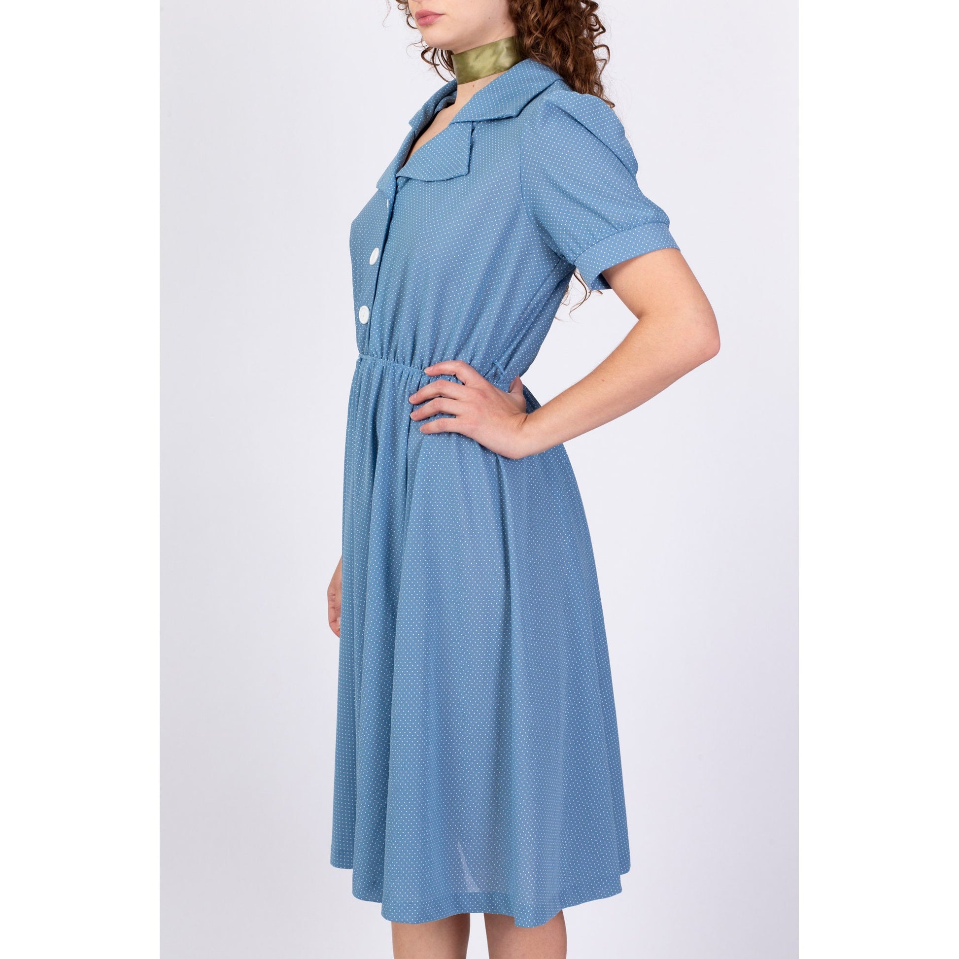 80s Does 50s Blue Polka Dot Midi Dress - Large 