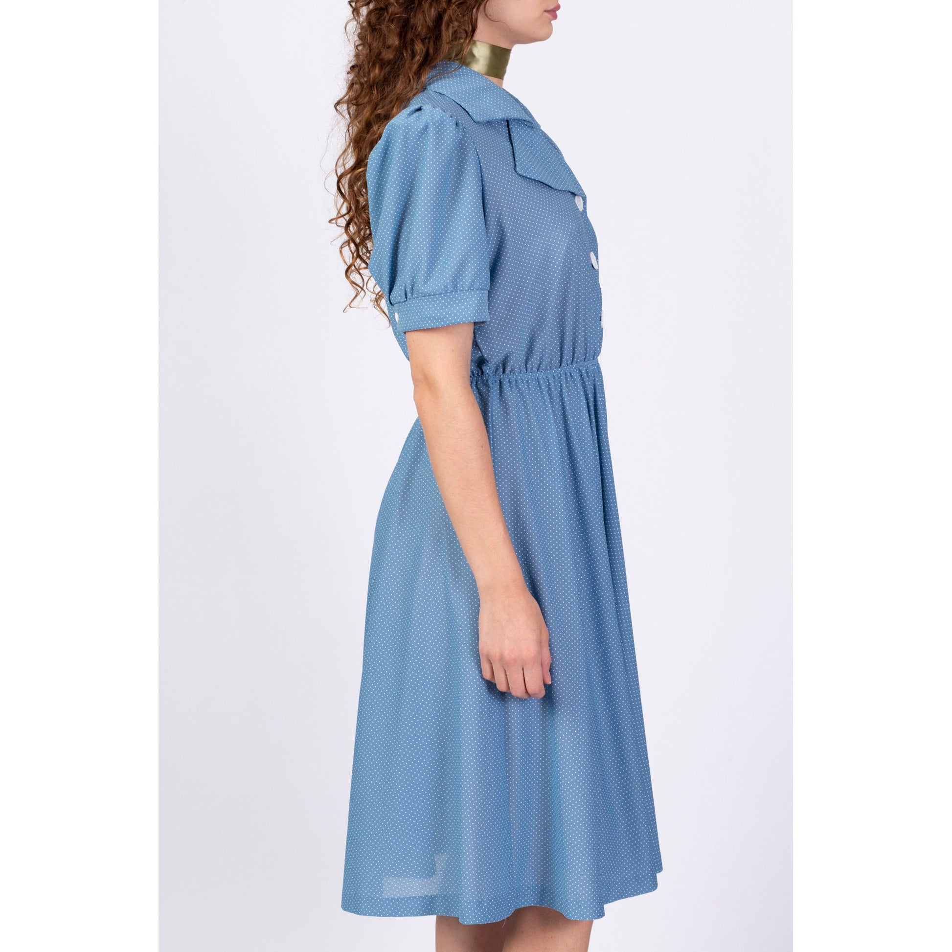 80s Does 50s Blue Polka Dot Midi Dress - Large 