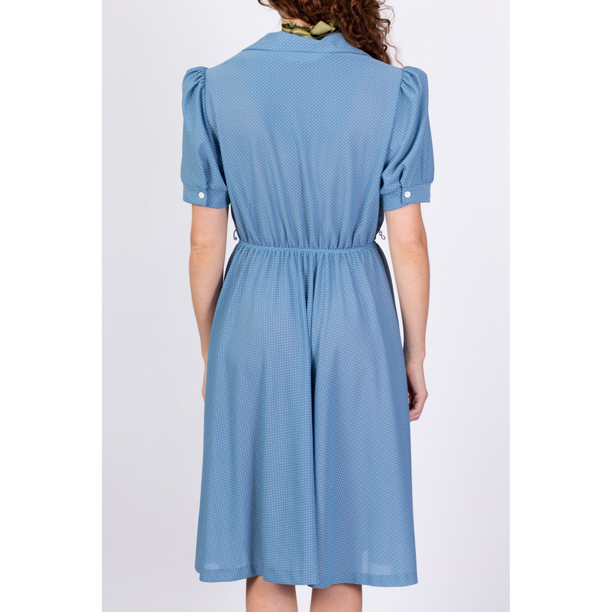80s Does 50s Blue Polka Dot Midi Dress - Large 