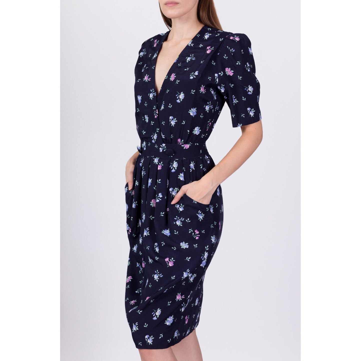 80s 90s Navy Blue Floral Deep V Dress - XS to Small 