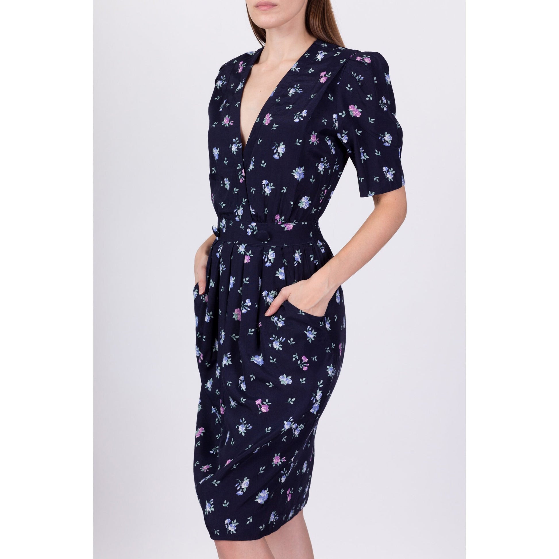 80s 90s Navy Blue Floral Deep V Dress - XS to Small 