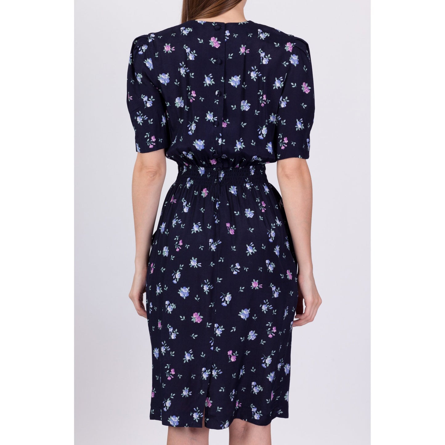 80s 90s Navy Blue Floral Deep V Dress - XS to Small 