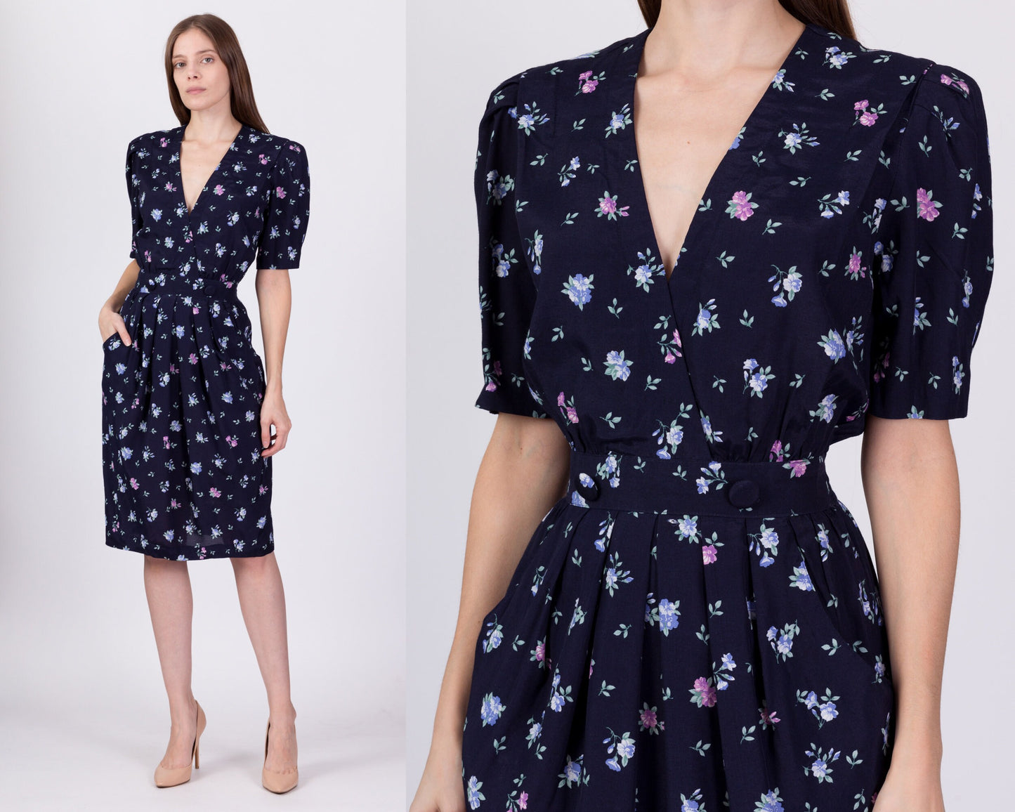 80s 90s Navy Blue Floral Deep V Dress - XS to Small 