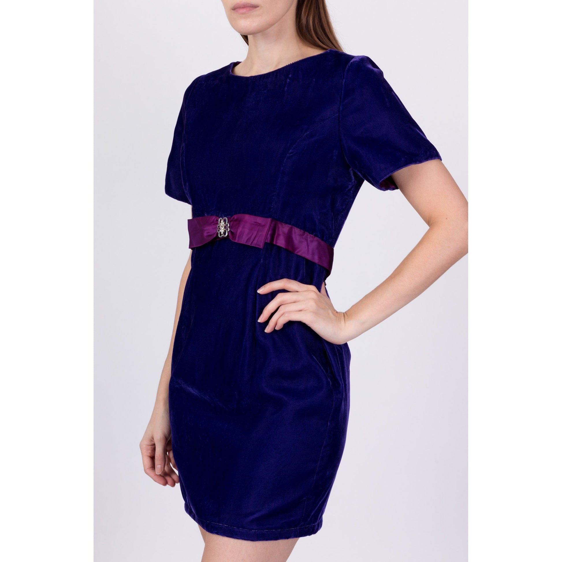 80s Royal Purple Velvet Party Dress - Medium 