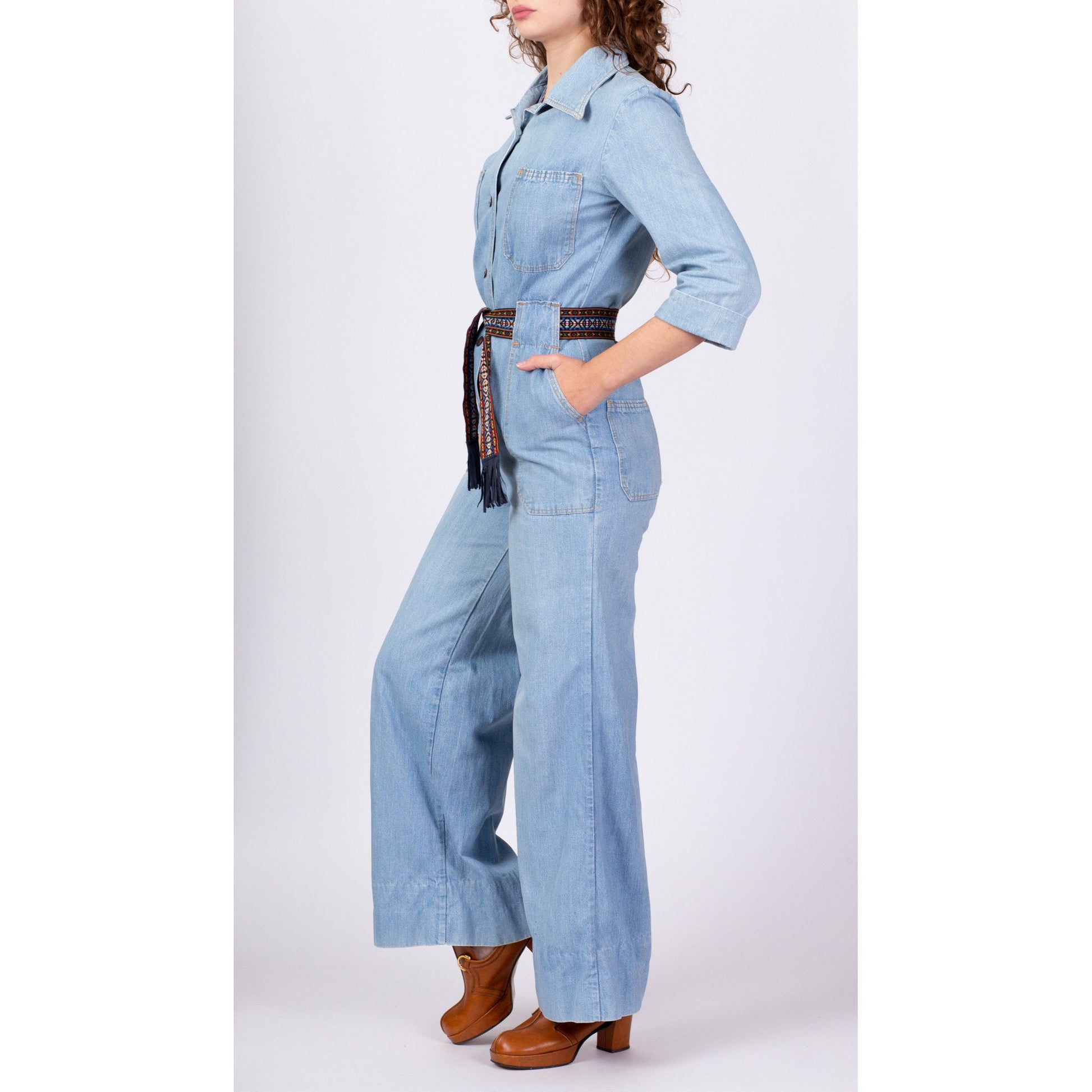 70s Denim Button Up Belted Jumpsuit - Medium 