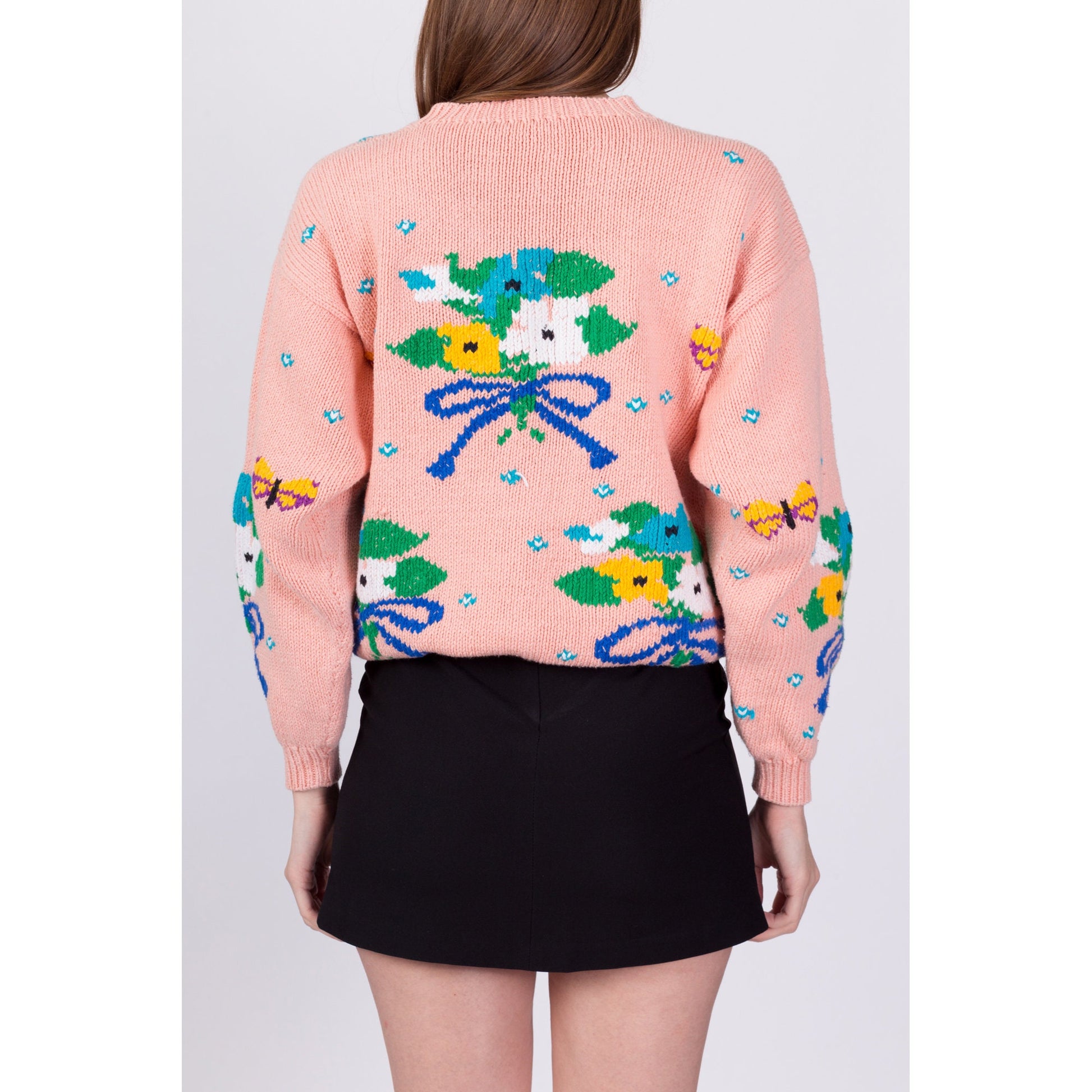 Vintage Cottagecore Pink Flower & Butterfly Sweater - Small 