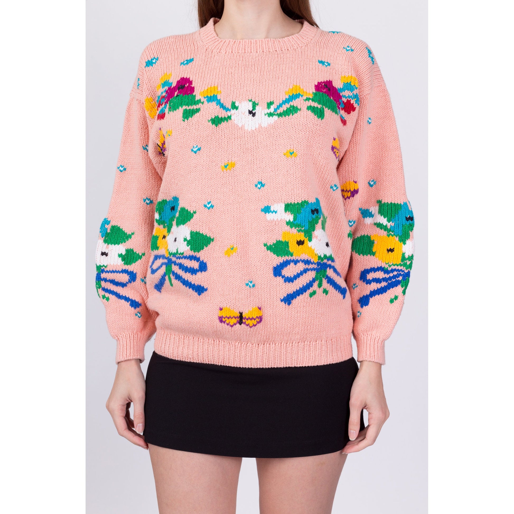 Vintage Cottagecore Pink Flower & Butterfly Sweater - Small 