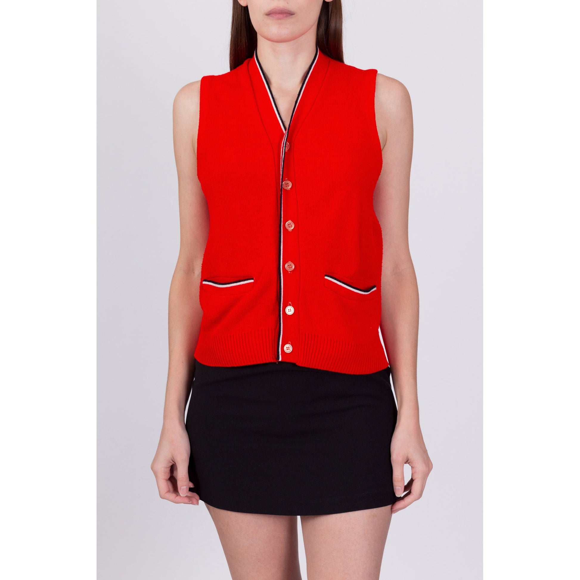 70s Red Knit Sleeveless Sweater Top - Medium 