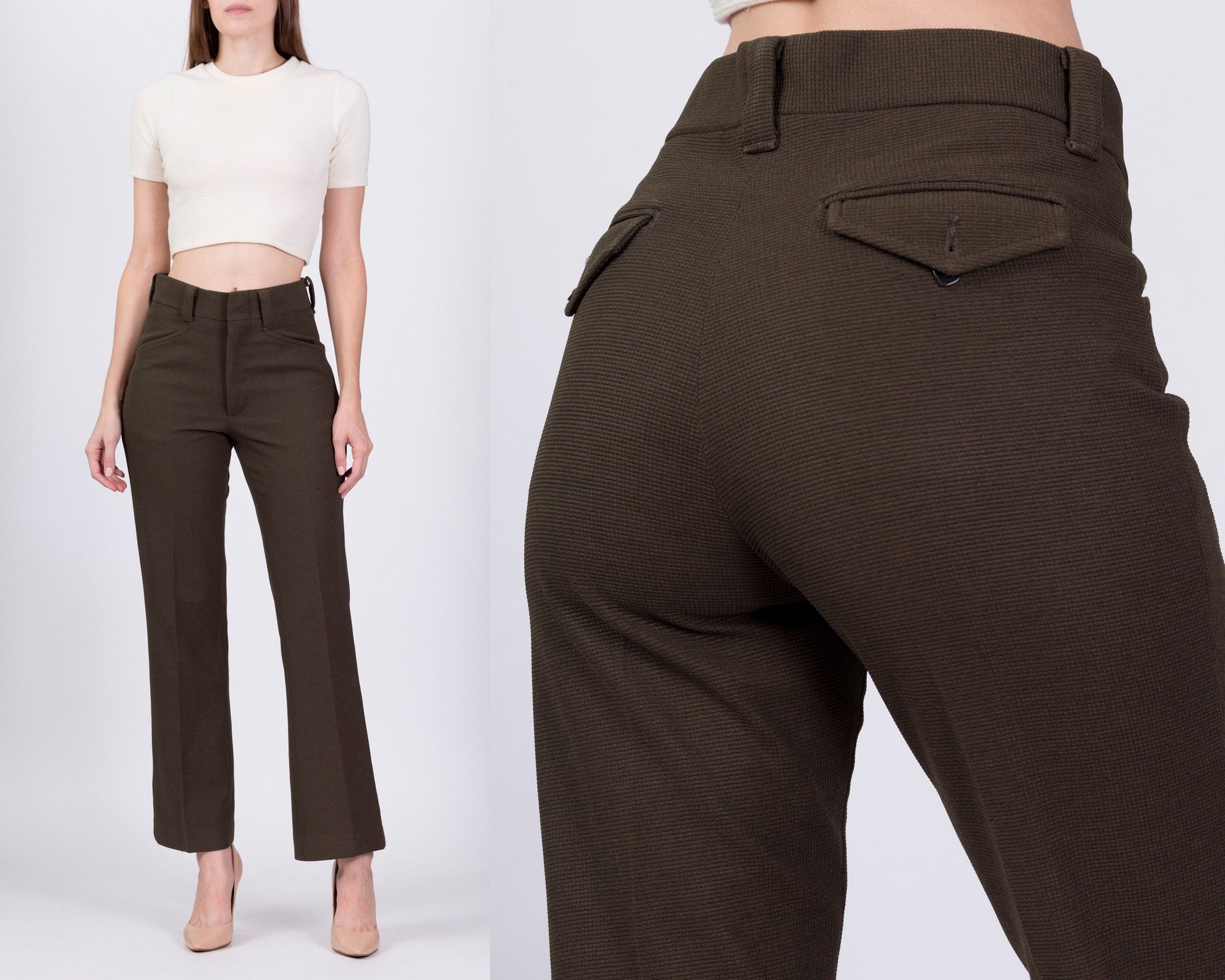 70s Olive Green Unisex High Waisted Trousers - 29" Waist 