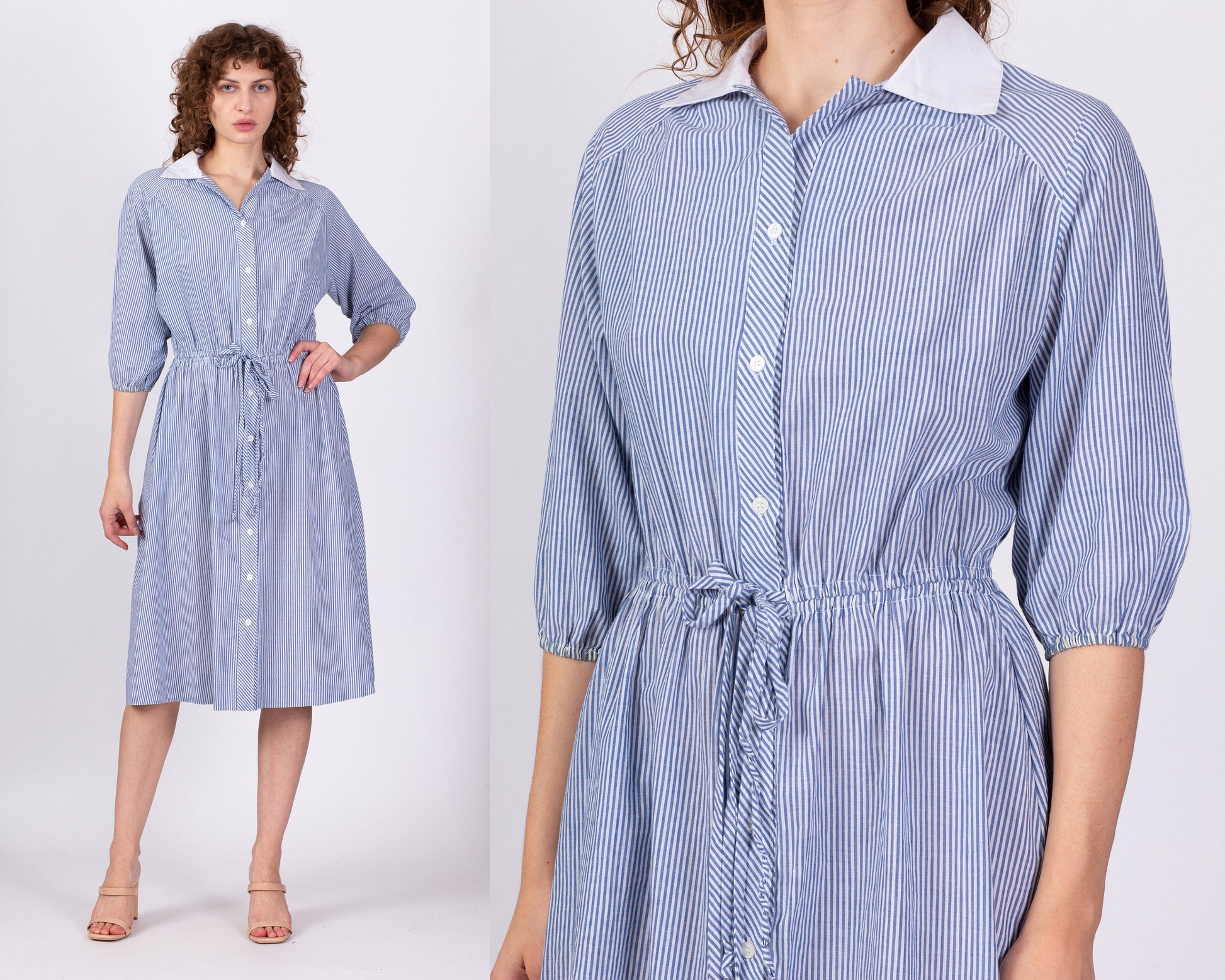 90s Blue & White Pinstriped Shirtdress - Large 