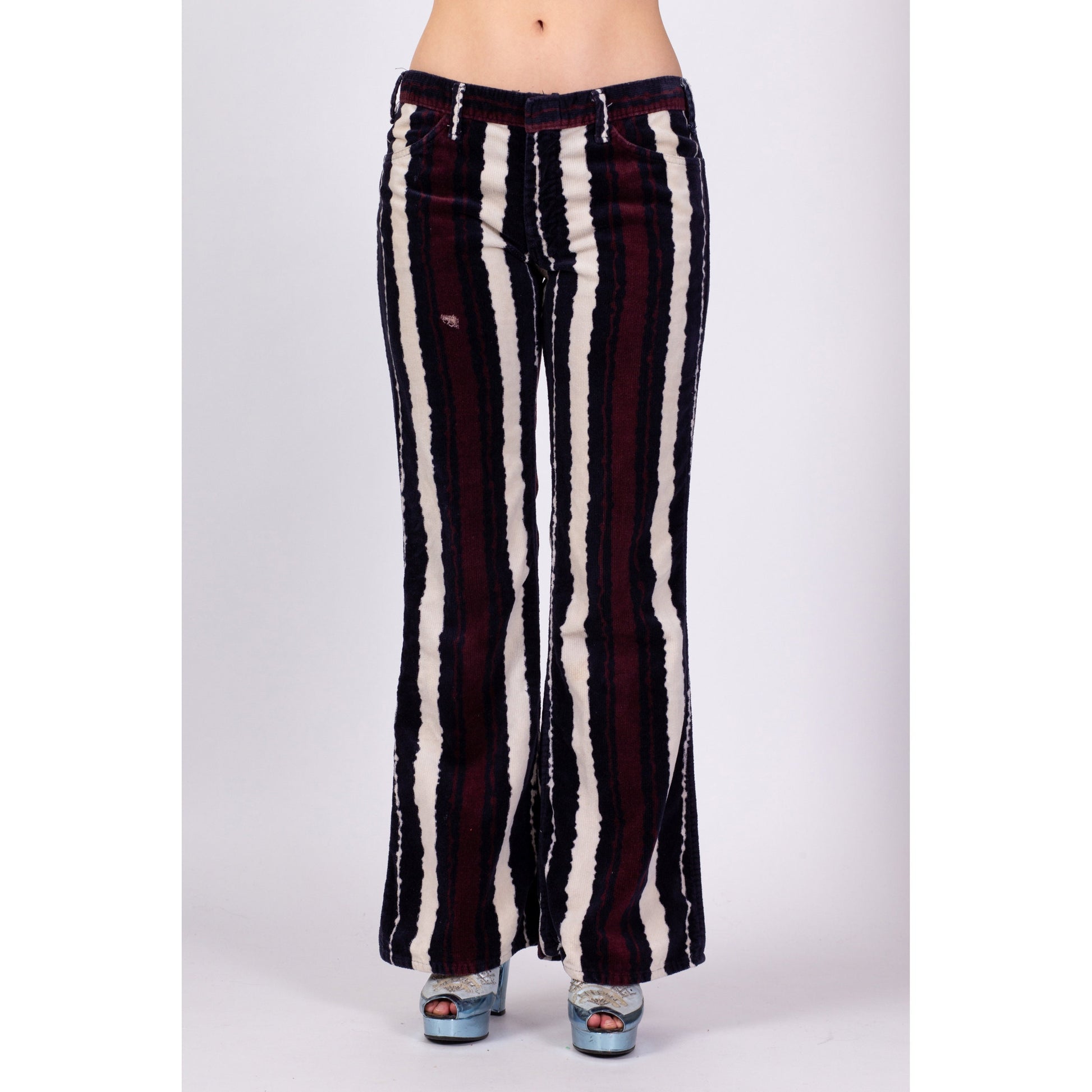 70s Velvet Striped Low Rise Flared Pants - Medium 