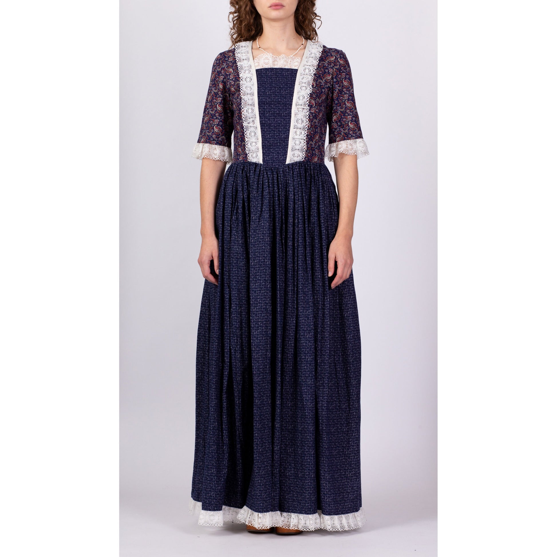 70s Does Edwardian Paisley Prairie Maxi Dress - Medium 
