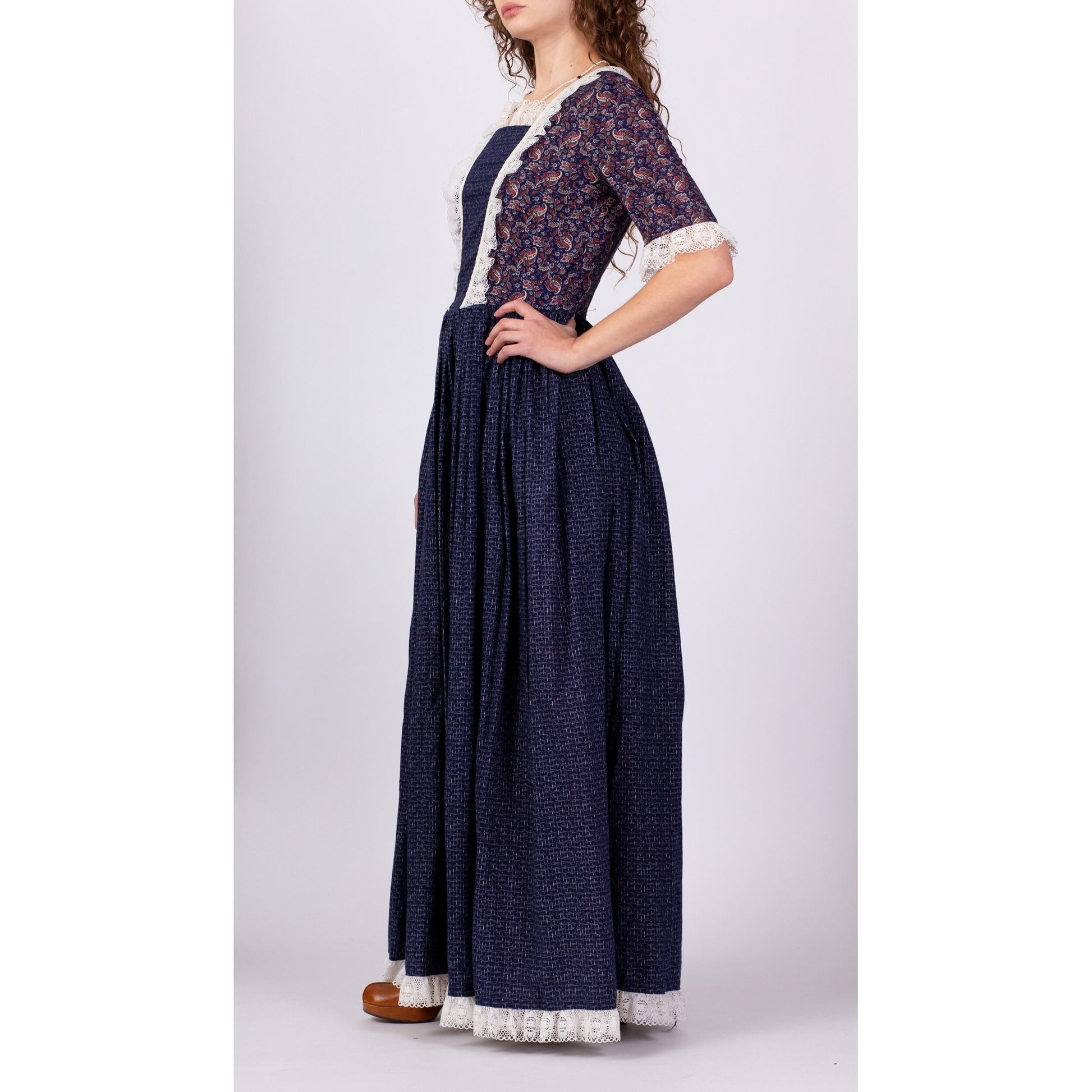 70s Does Edwardian Paisley Prairie Maxi Dress - Medium 