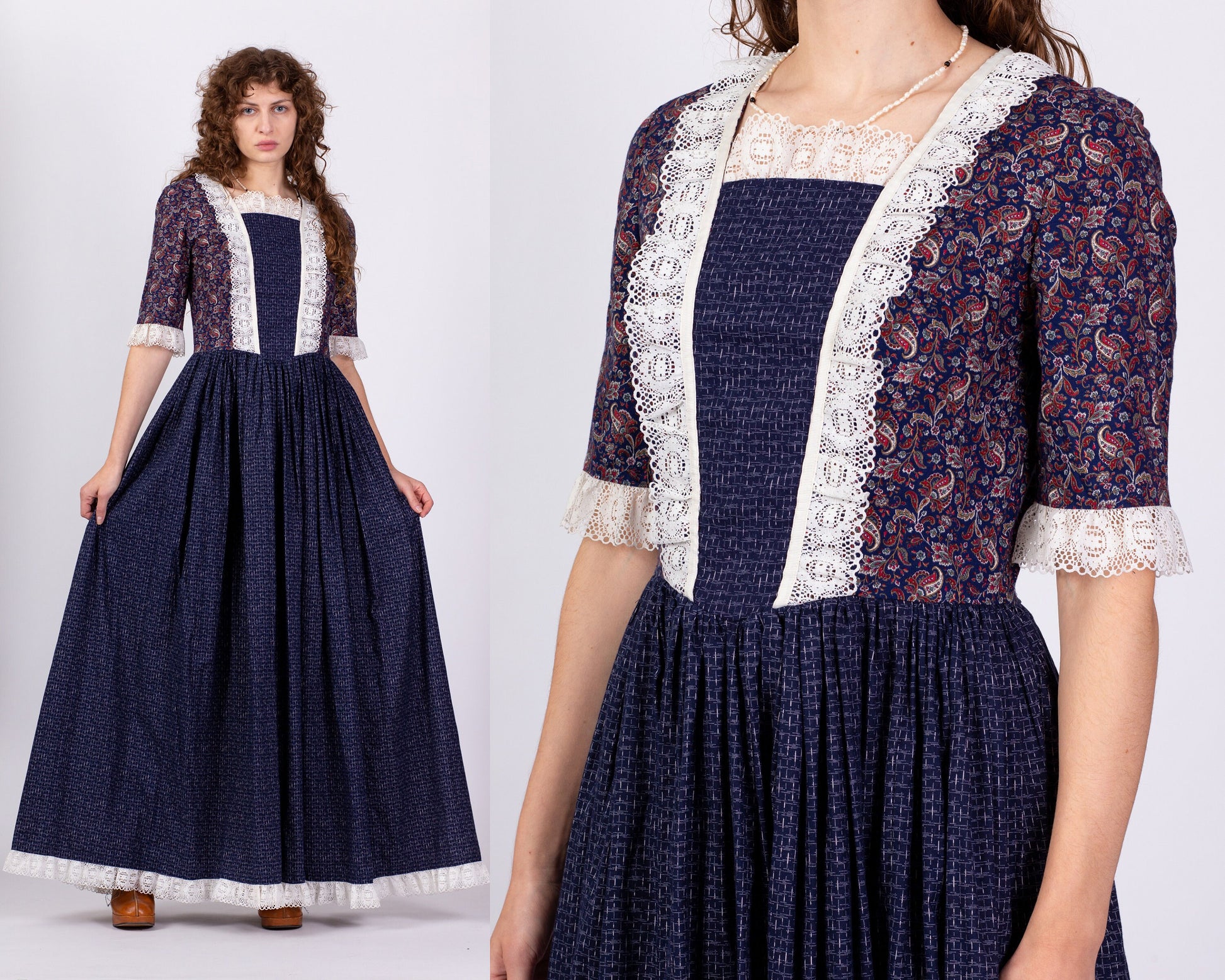 70s Does Edwardian Paisley Prairie Maxi Dress - Medium 