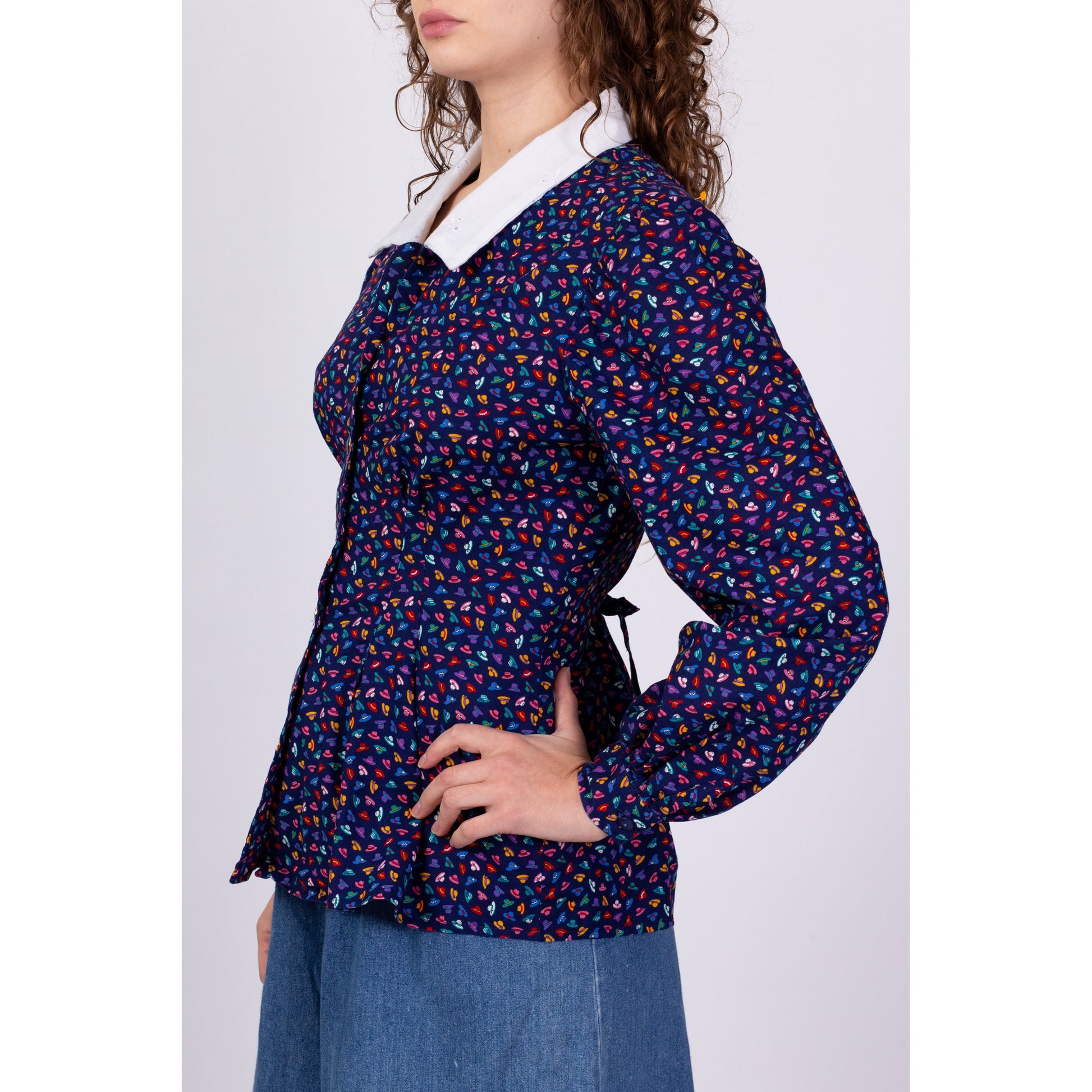 80s Hat Print Blouse - Medium 