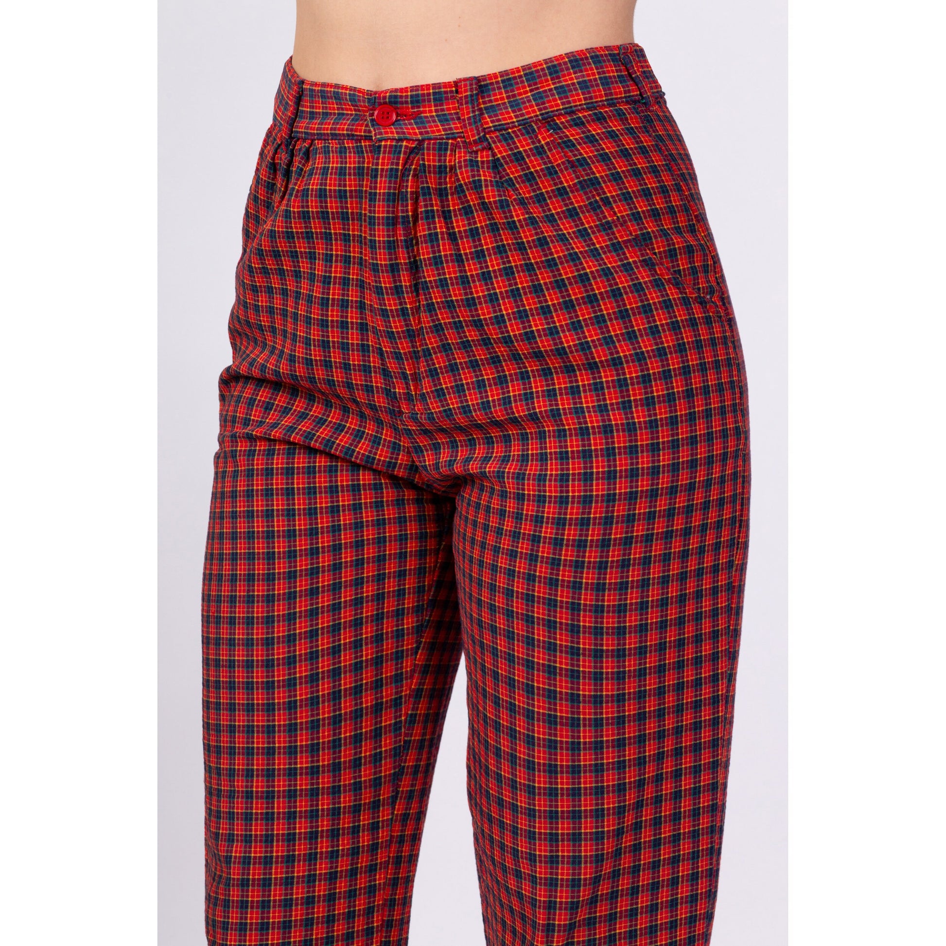 80s 90s High Waisted Red Plaid Cotton Pants - Small , 27" 