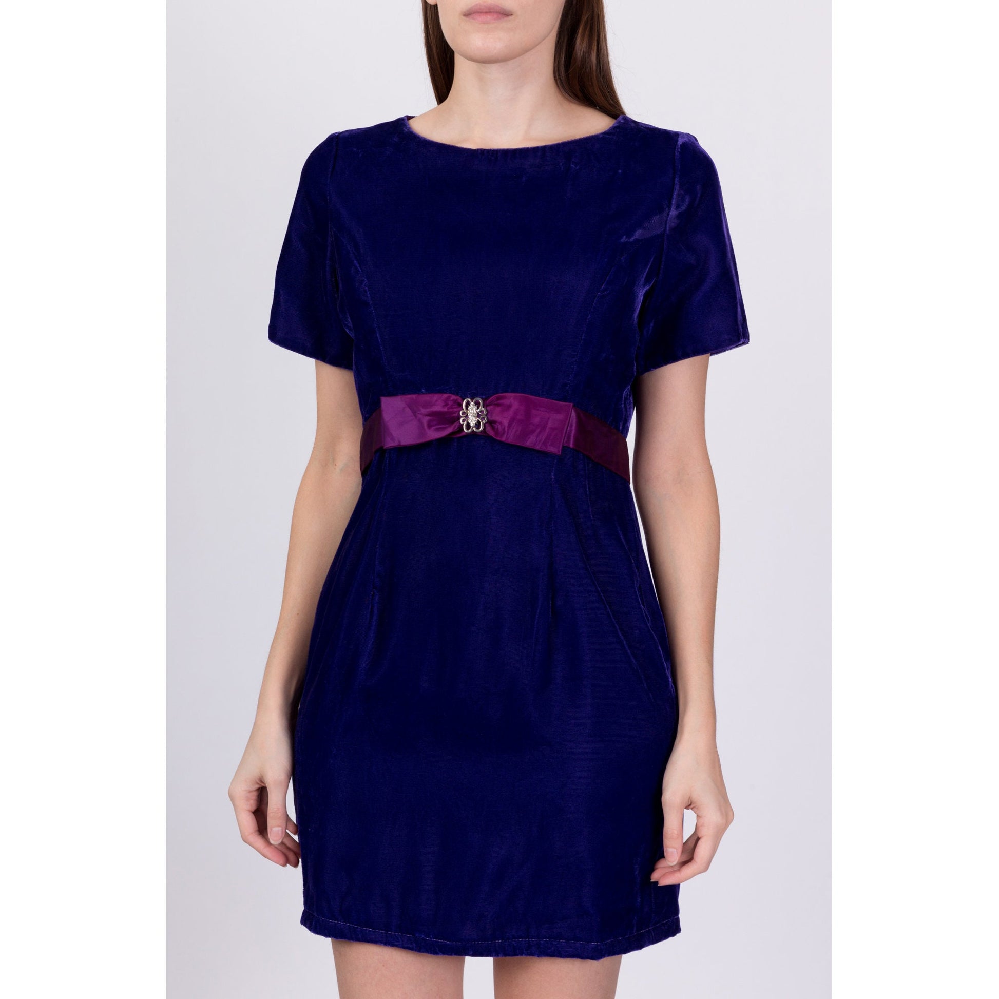 80s Royal Purple Velvet Party Dress - Medium 