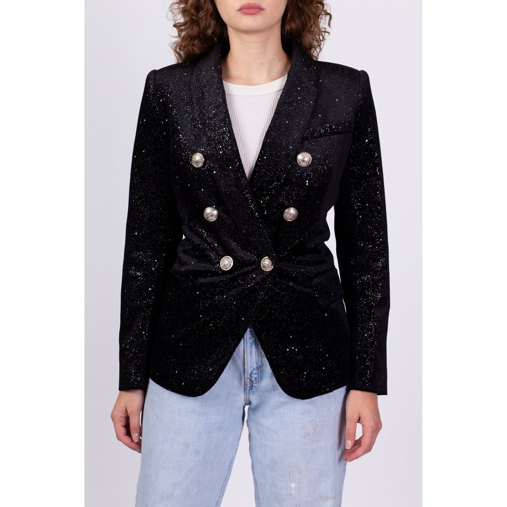 Klæbrig svær at tilfredsstille etik Balmain Black Velvet Celestial Suit Jacket - Small – Flying Apple Vintage