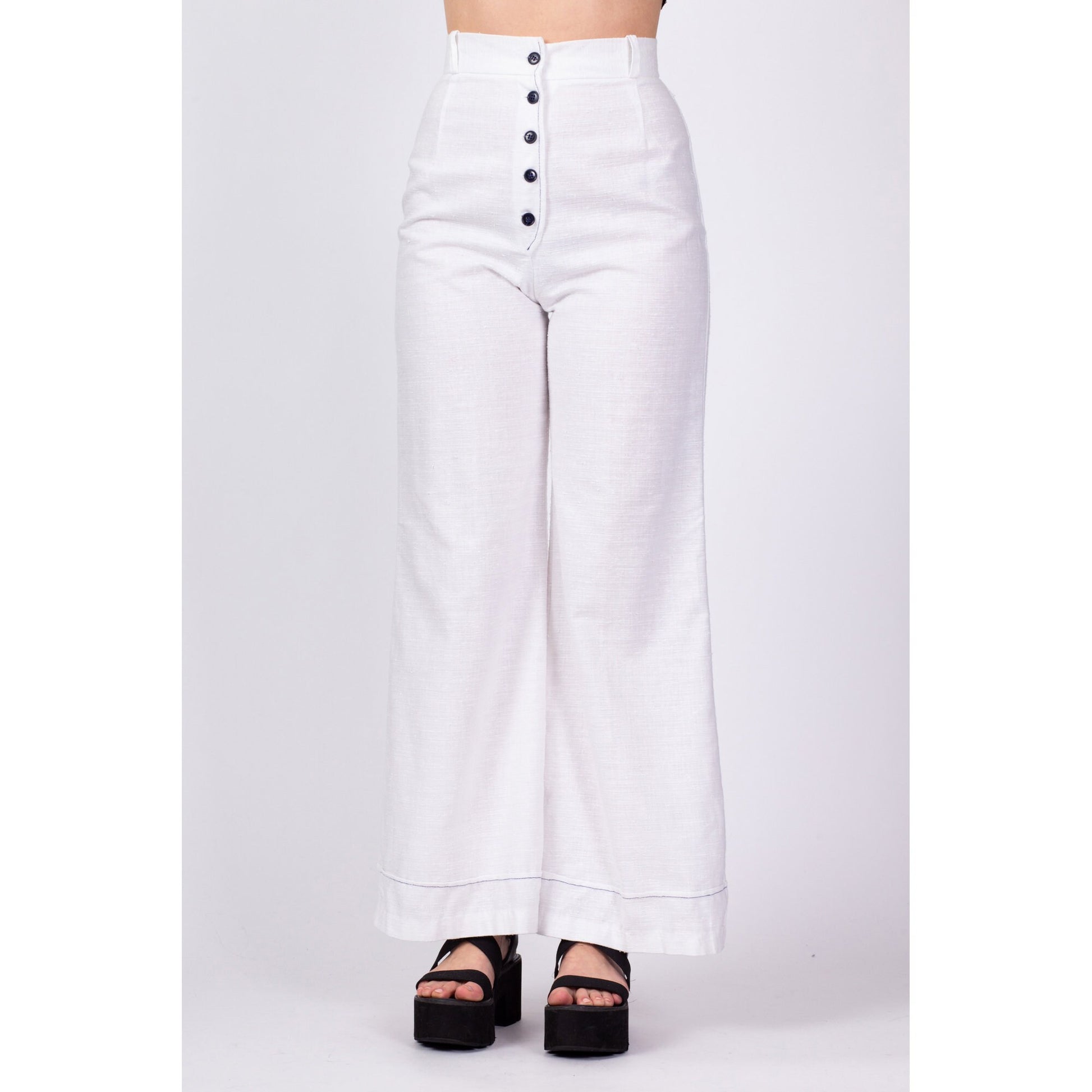 70s White Button Fly High Waisted Pants - Small, 25.5" 