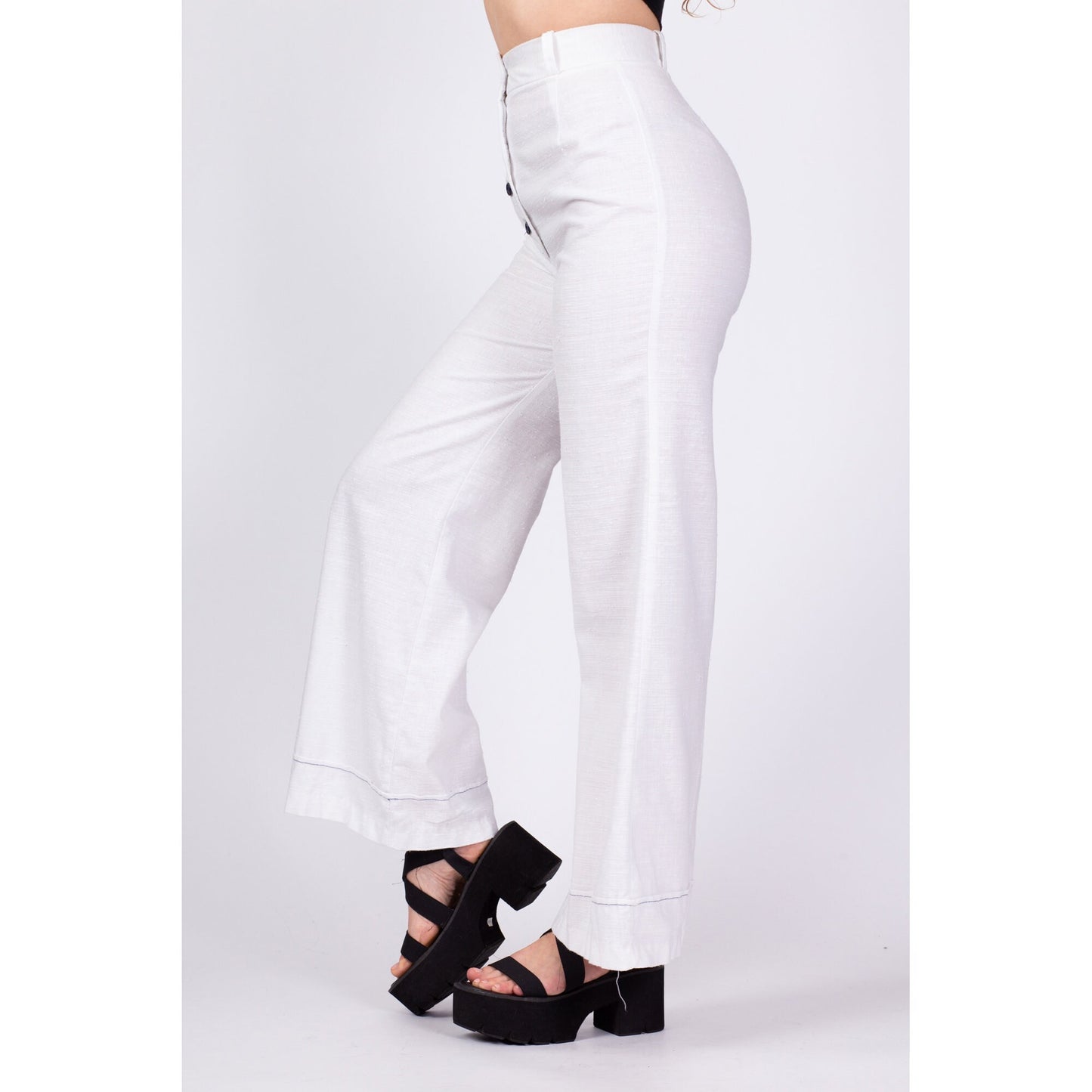 70s White Button Fly High Waisted Pants - Small, 25.5" 
