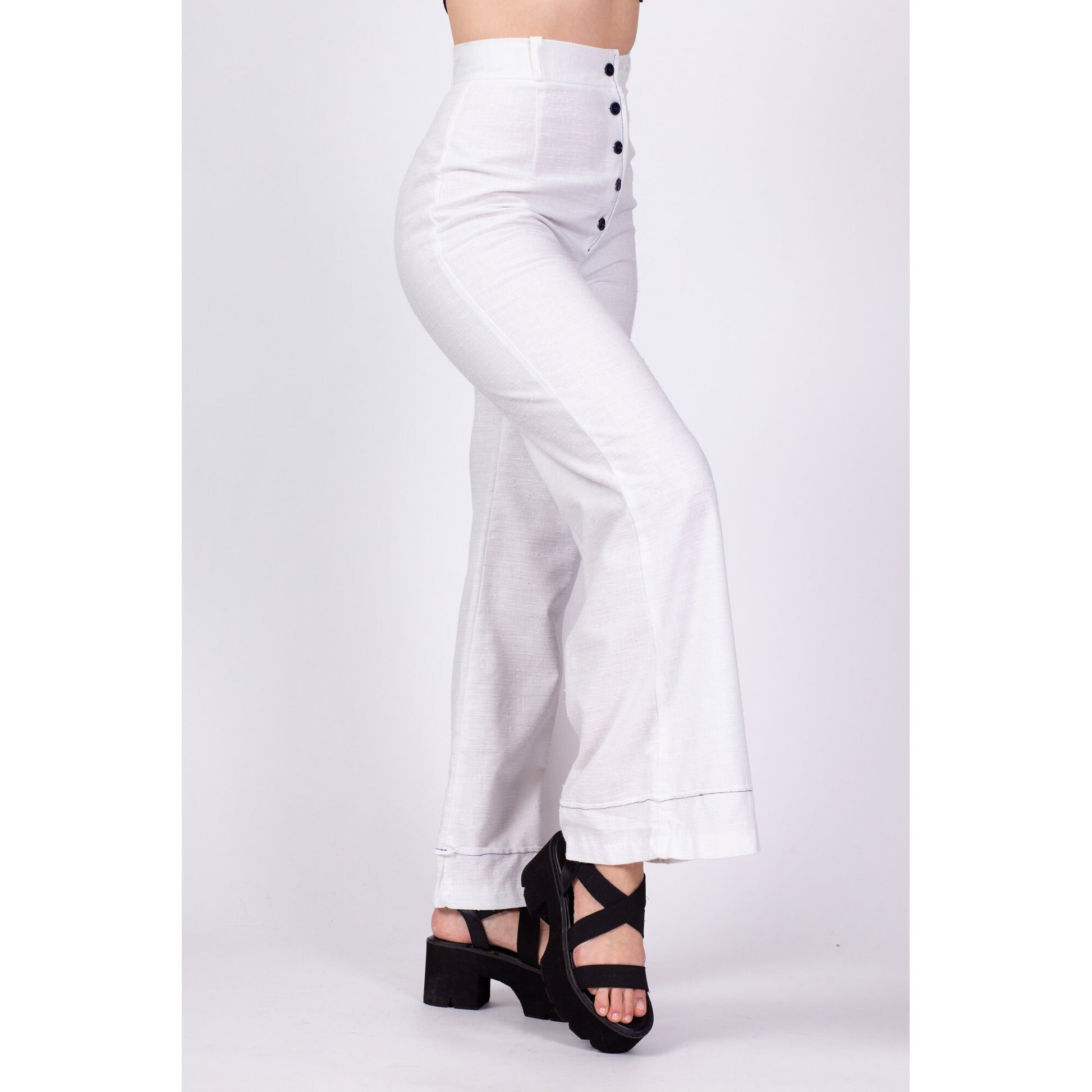 70s White Button Fly High Waisted Pants - Small, 25.5" 