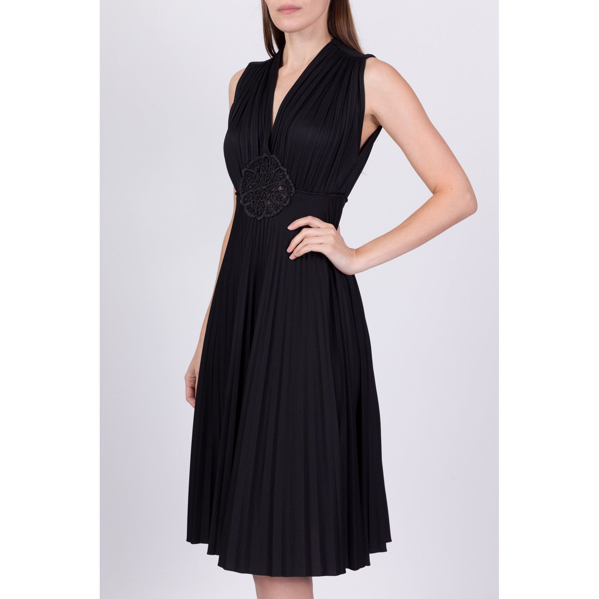 70s Boho Black Crochet Trim Pleated Dress - Small to Medium 