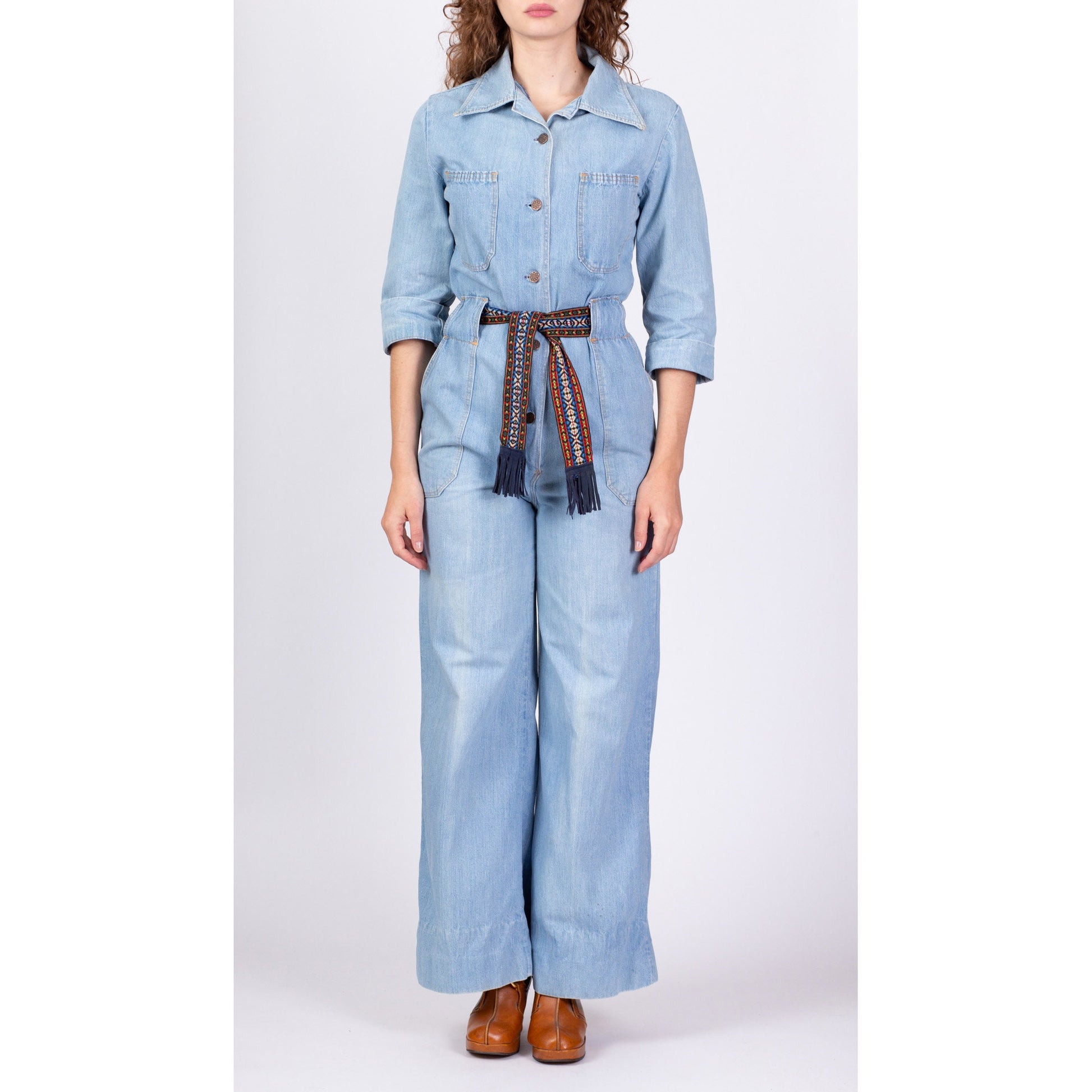 70s Denim Button Up Belted Jumpsuit - Medium 