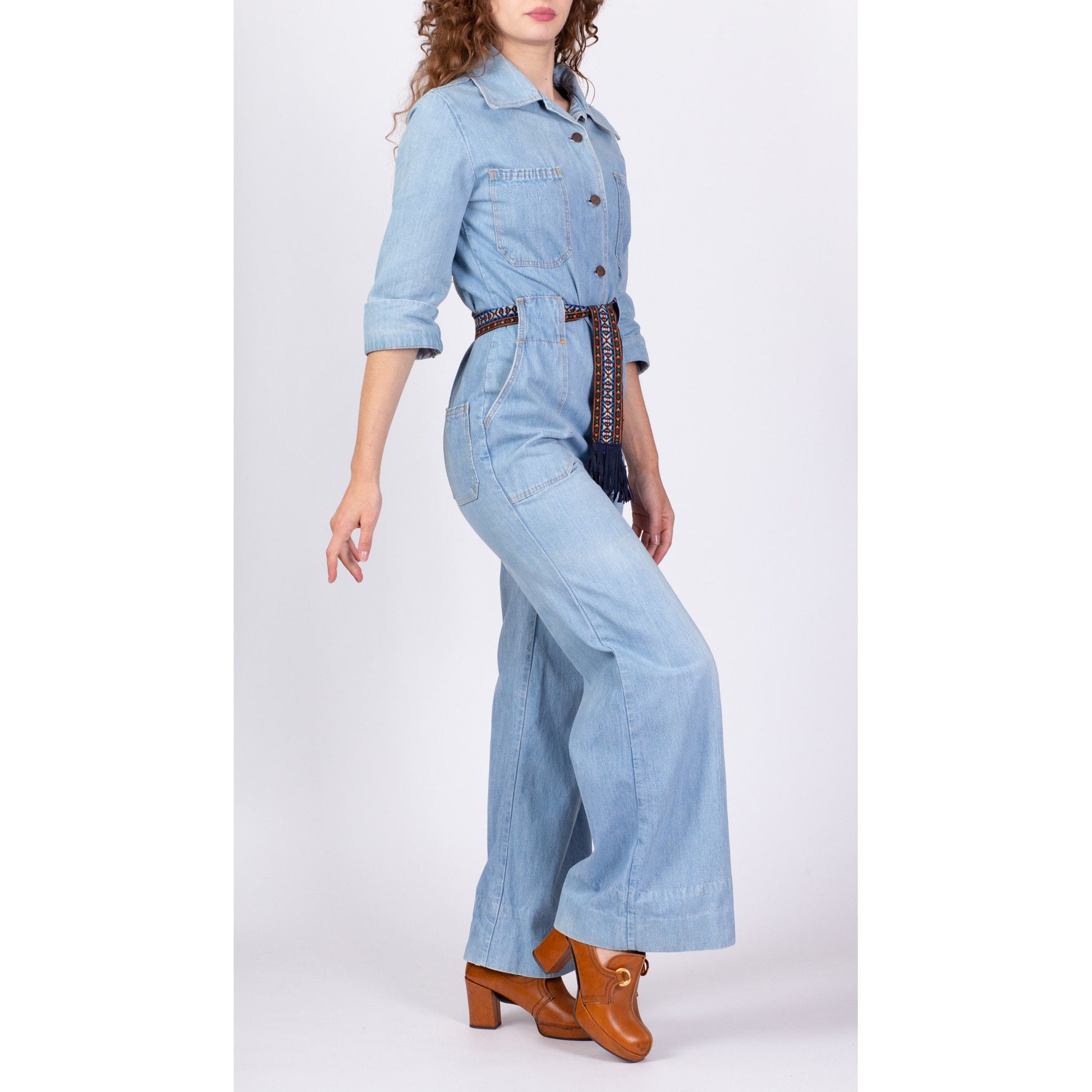 70s Denim Button Up Belted Jumpsuit - Medium 