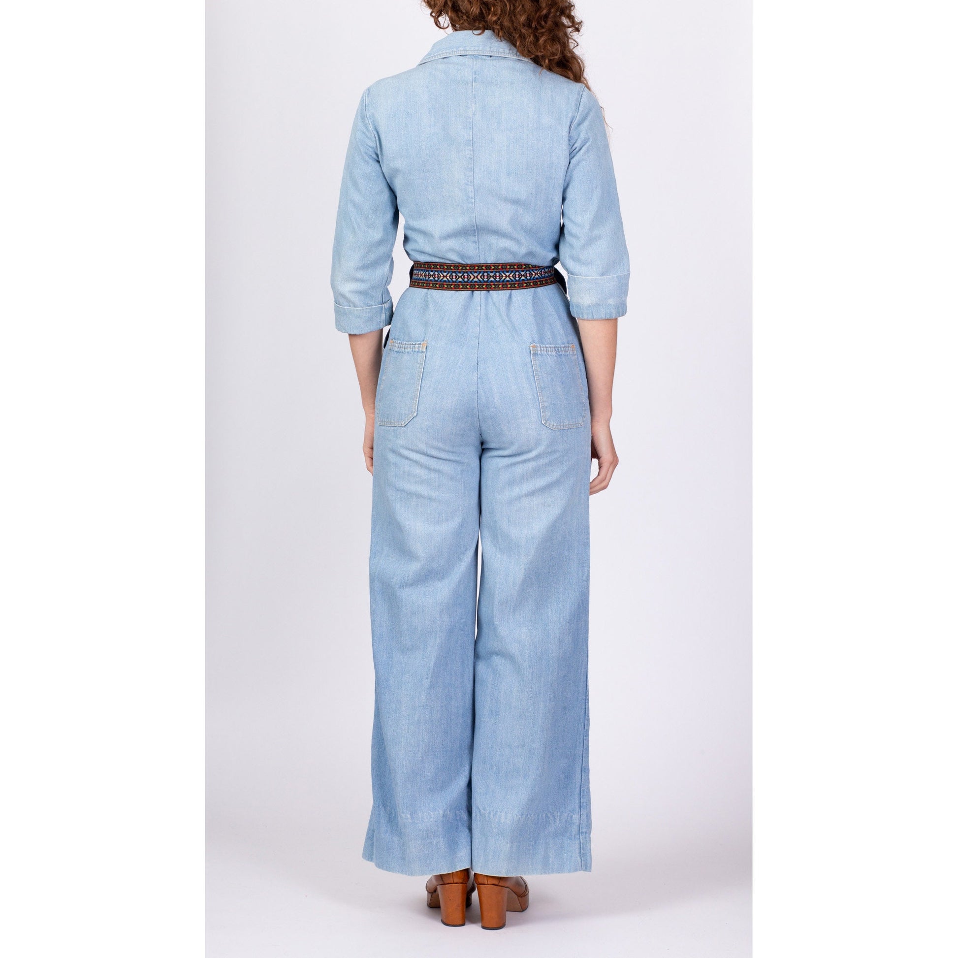 70s Denim Button Up Belted Jumpsuit - Medium – Flying Apple Vintage