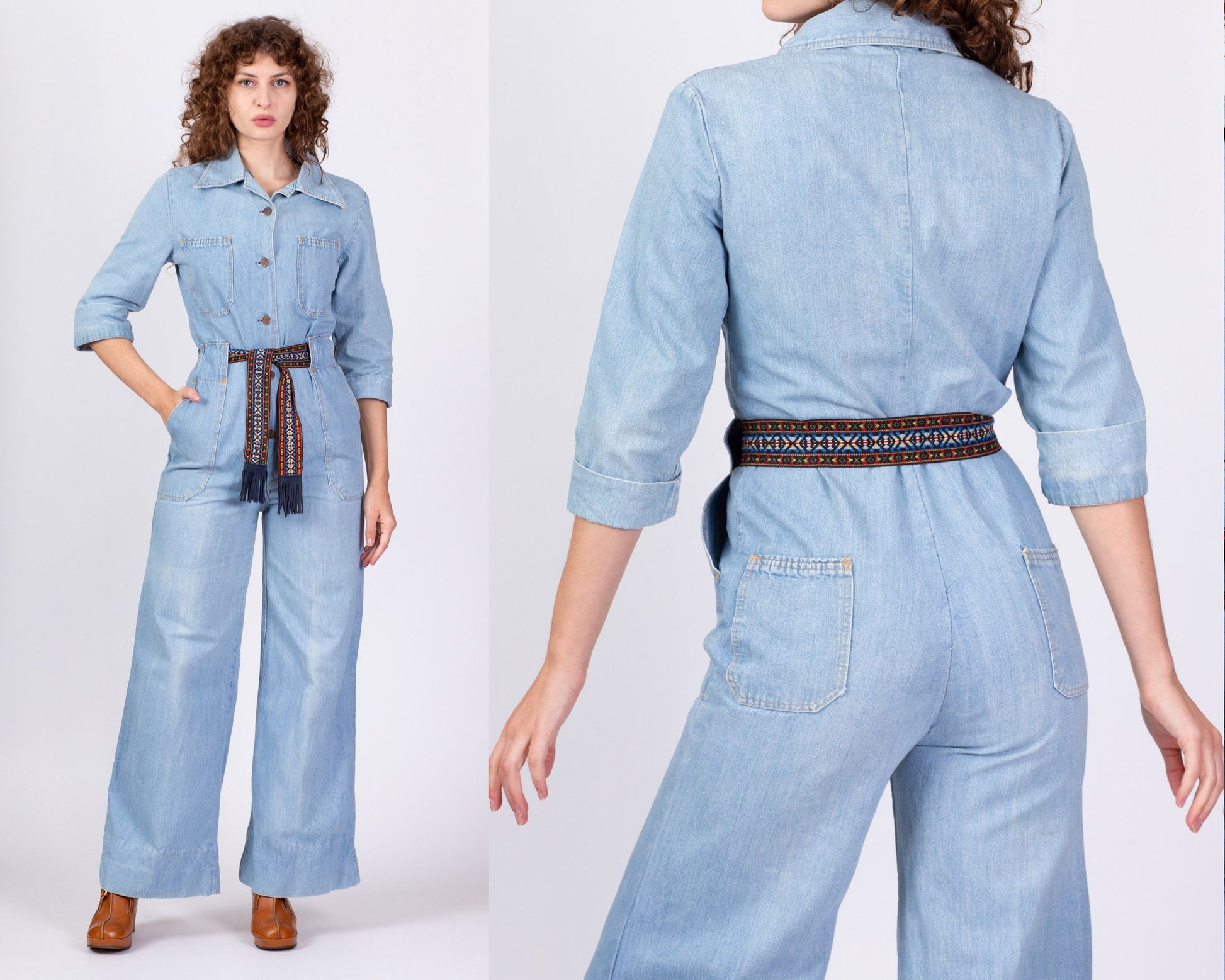 70s Denim Button Up Belted Jumpsuit - Medium 