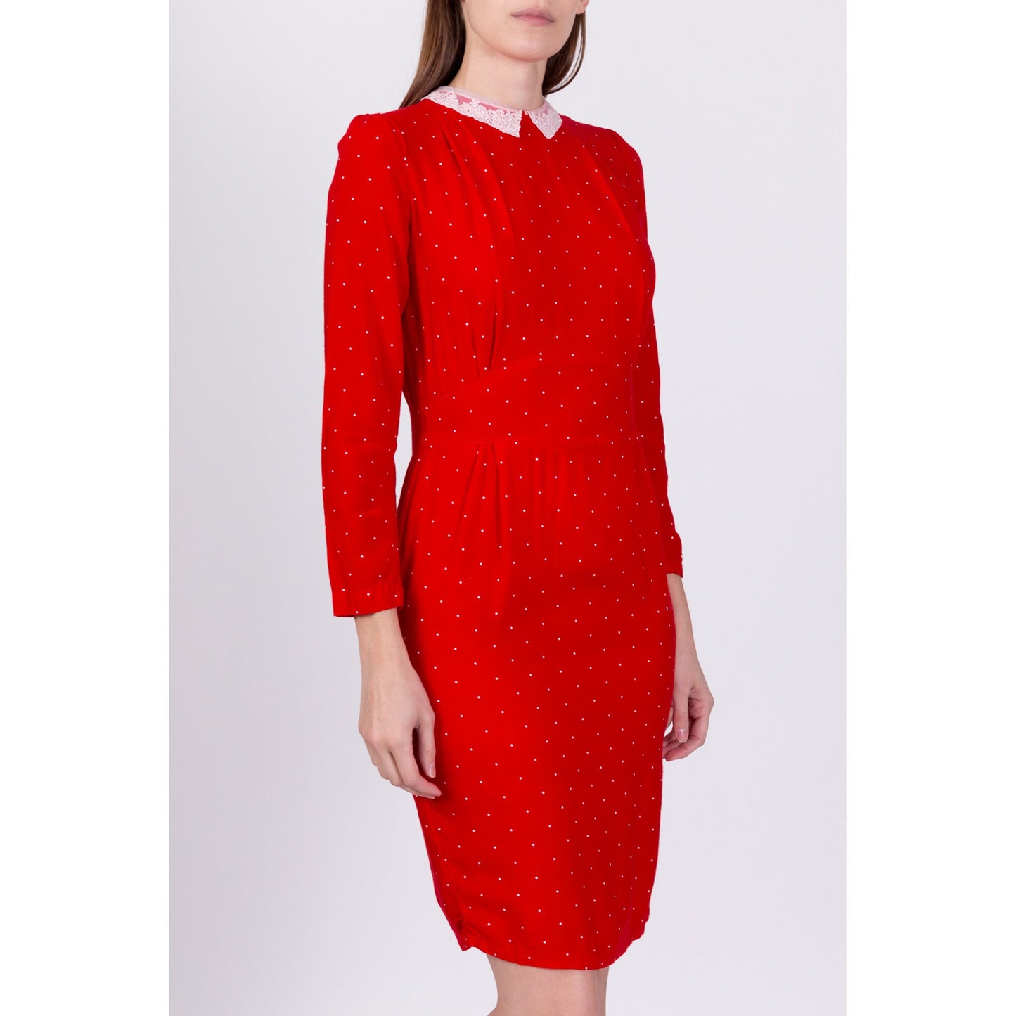 80s Red Polka Dot Lace Collar Dress - Small 