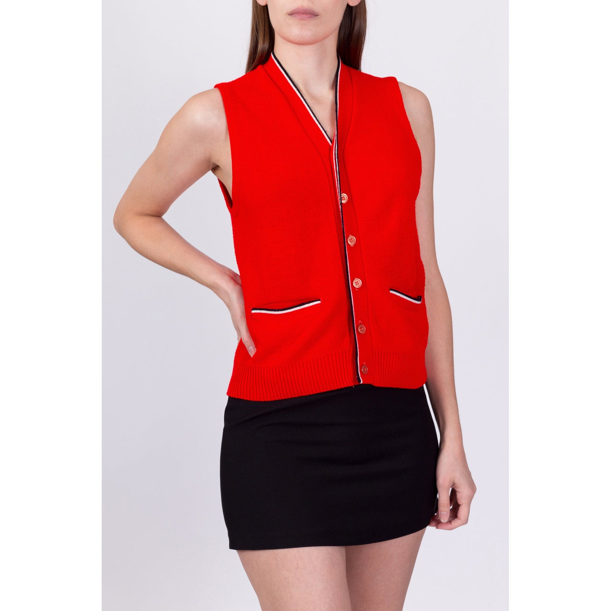 70s Red Knit Sleeveless Sweater Top - Medium 