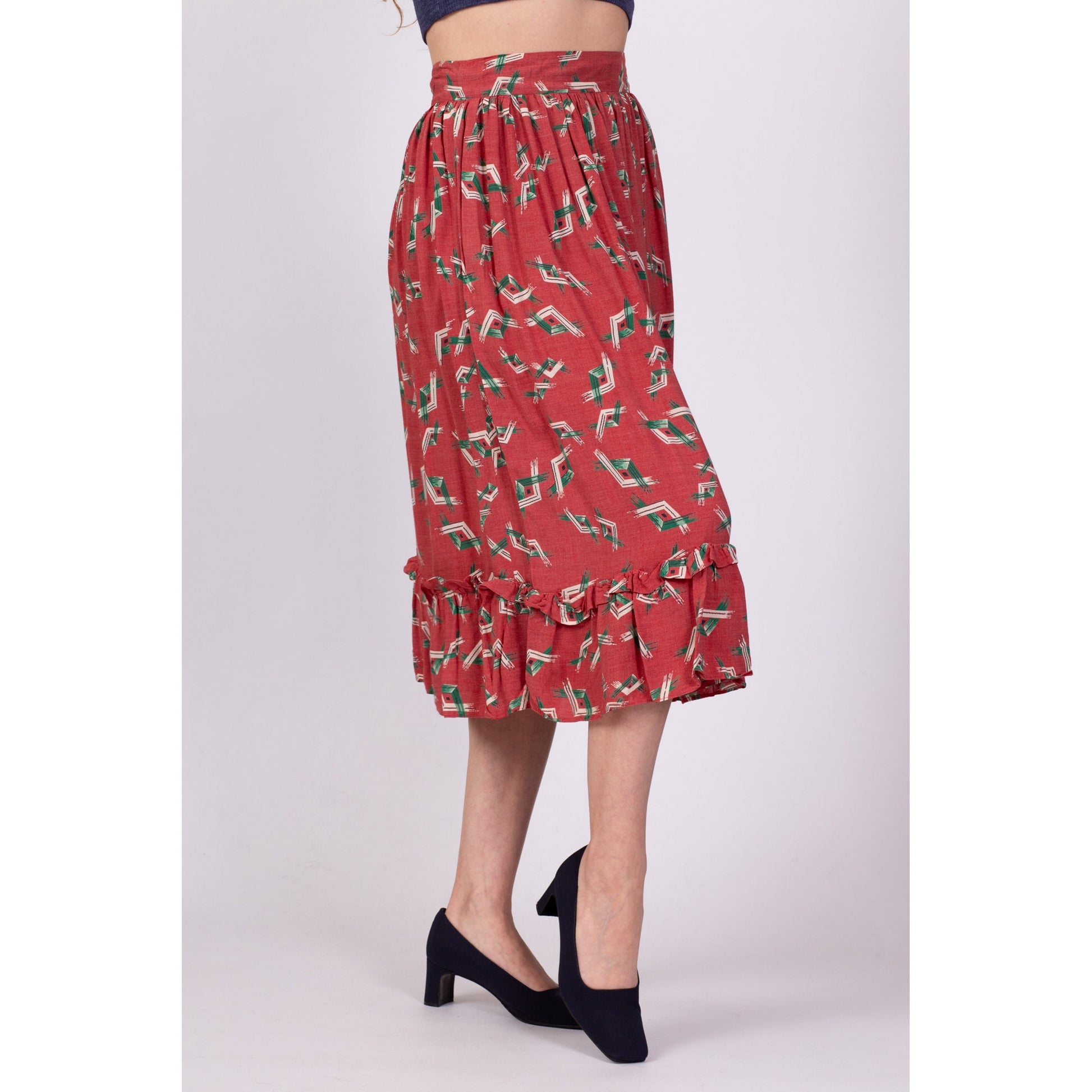1950s Red Southwestern Geometric Print Midi Skirt - Small, 27" 