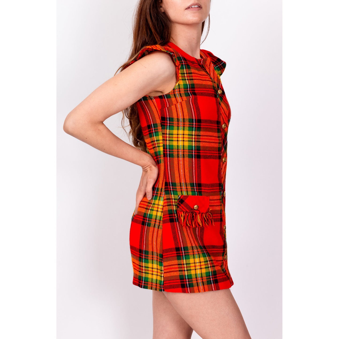 70s Red Plaid Fringe Pocket Mini Dress - XXS 