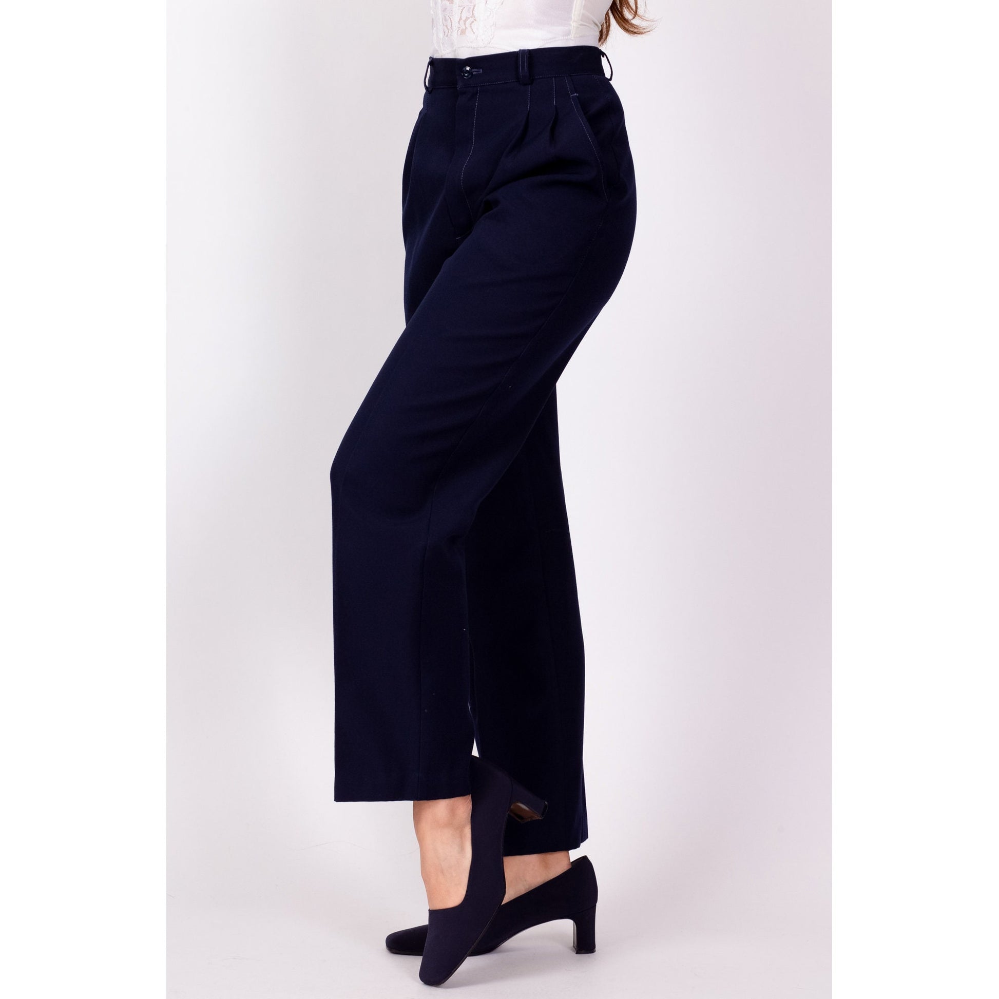 70s Navy Blue Pleated Trousers - Extra Small, 24" 