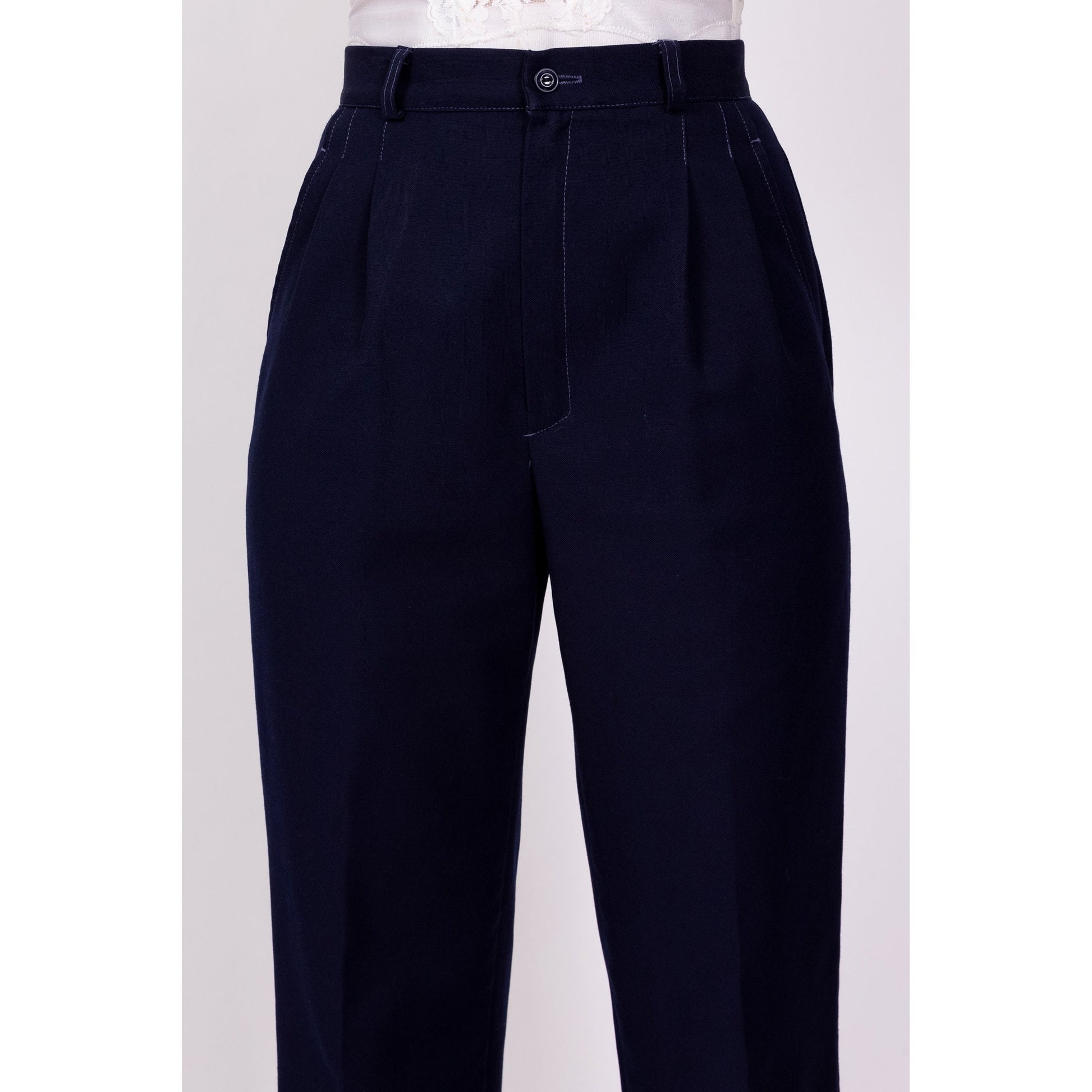 70s Navy Blue Pleated Trousers - Extra Small, 24" 