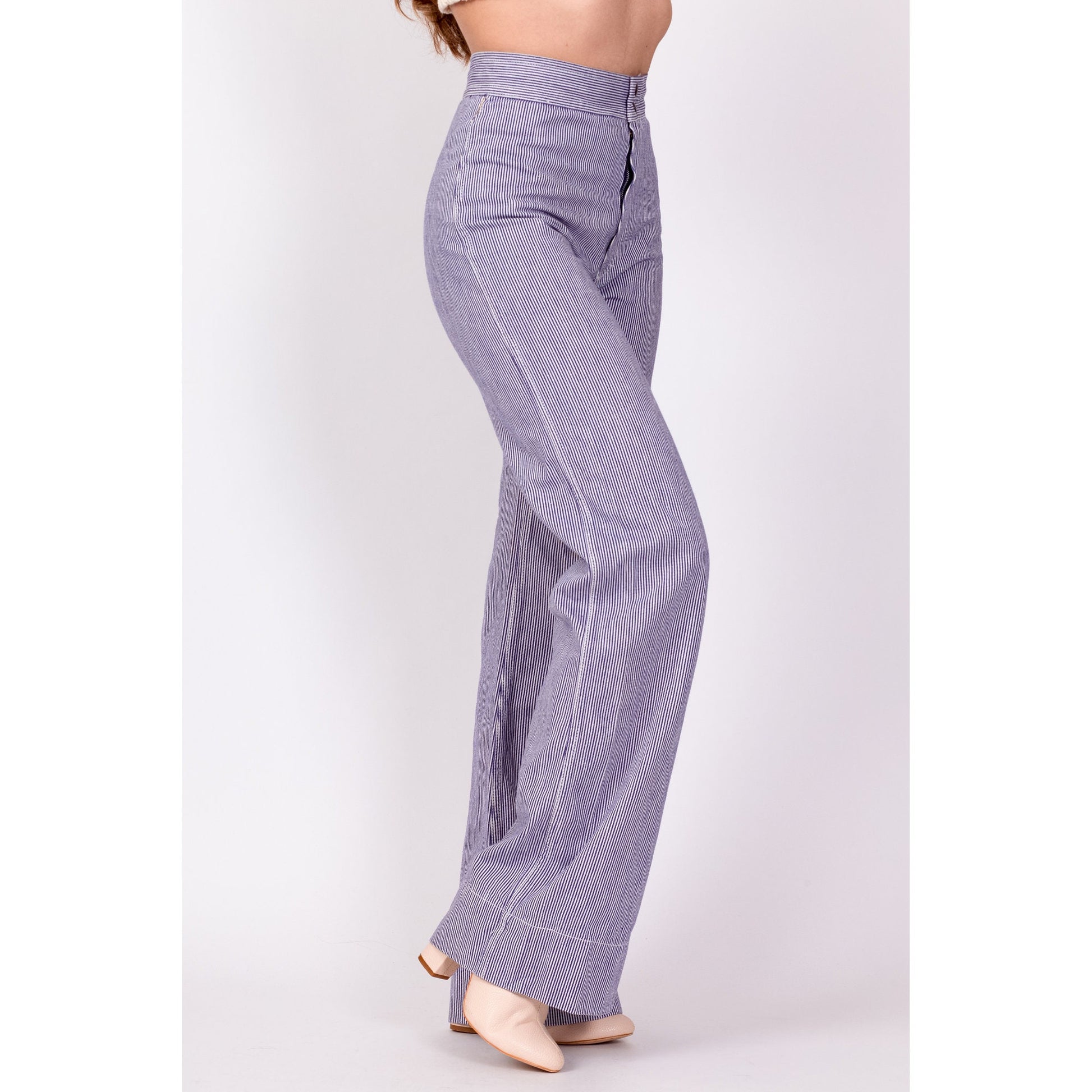 70s Blue & White Pinstriped Pants - Extra Small, 23.5" 