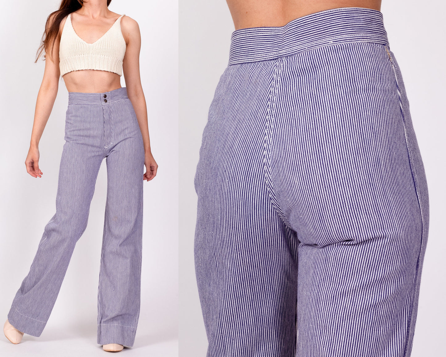 70s Blue & White Pinstriped Pants - Extra Small, 23.5" 