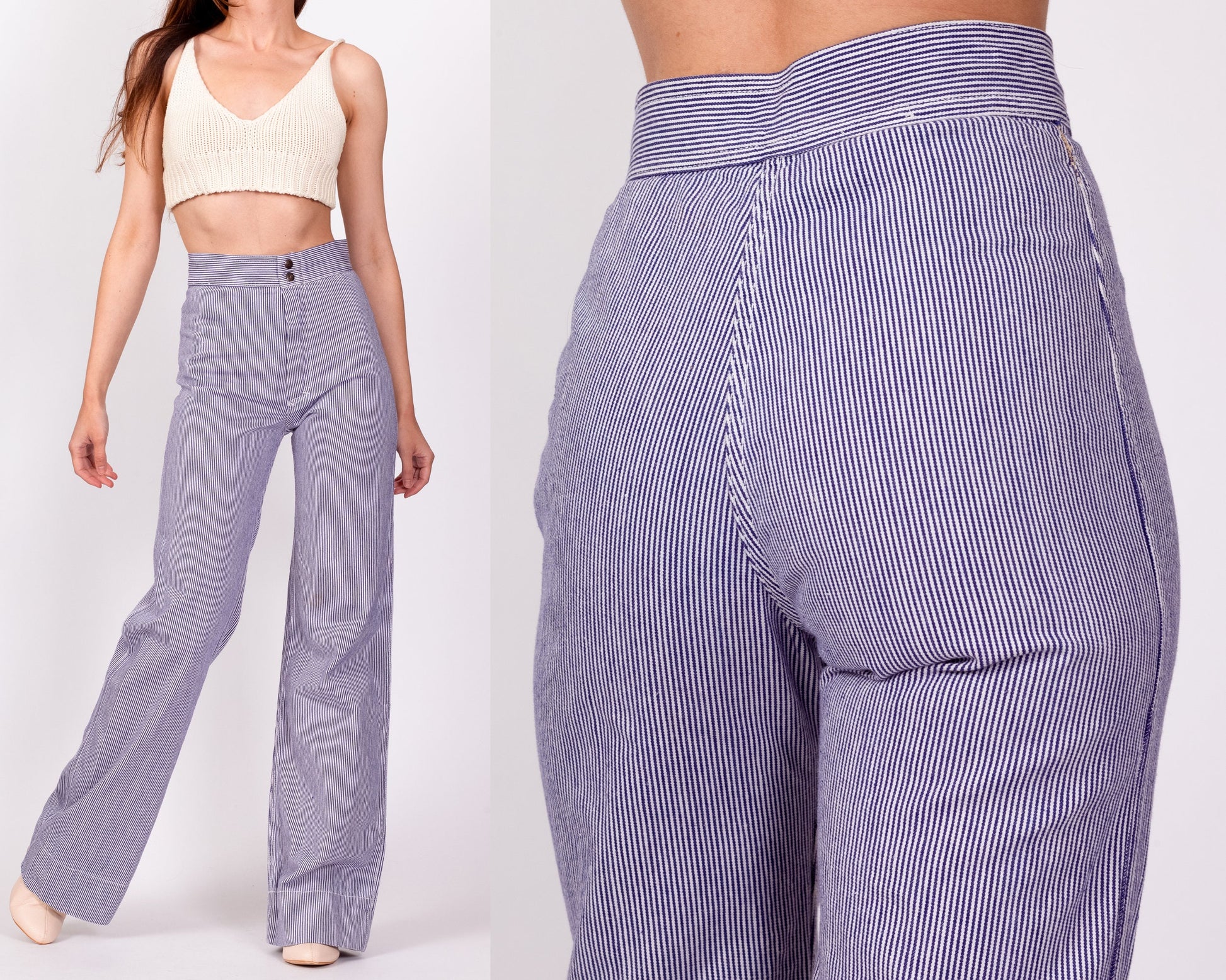 70s Blue & White Pinstriped Pants - Extra Small, 23.5" 