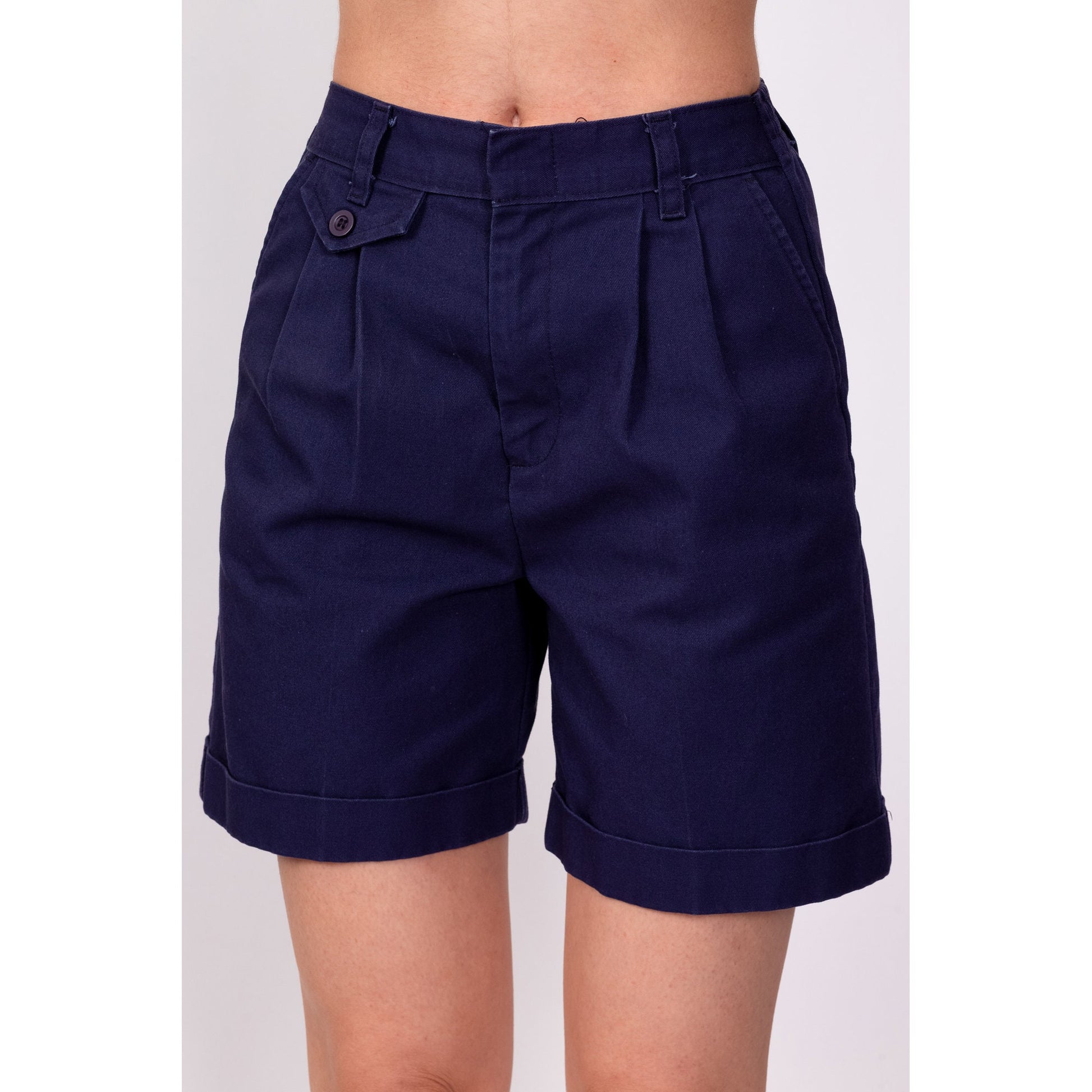 80s Navy Blue Pleated Shorts - Petite XS, 22"-24" 
