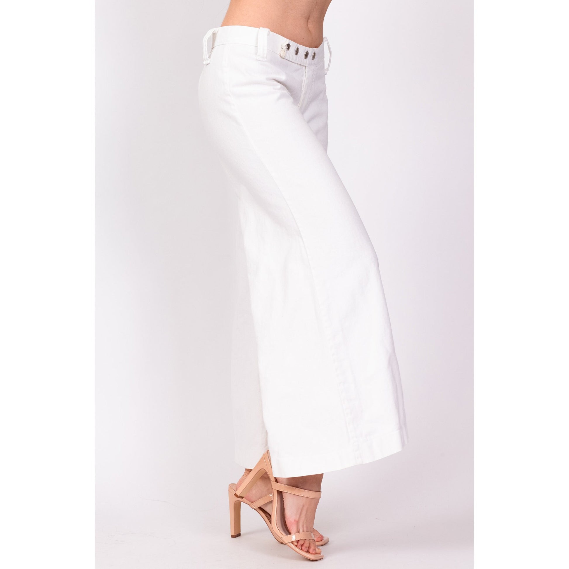 70s White Low Rise Bell Bottoms - Extra Small | Vintage Cotton Retro Hippie Flared Pants Sailor Jeans