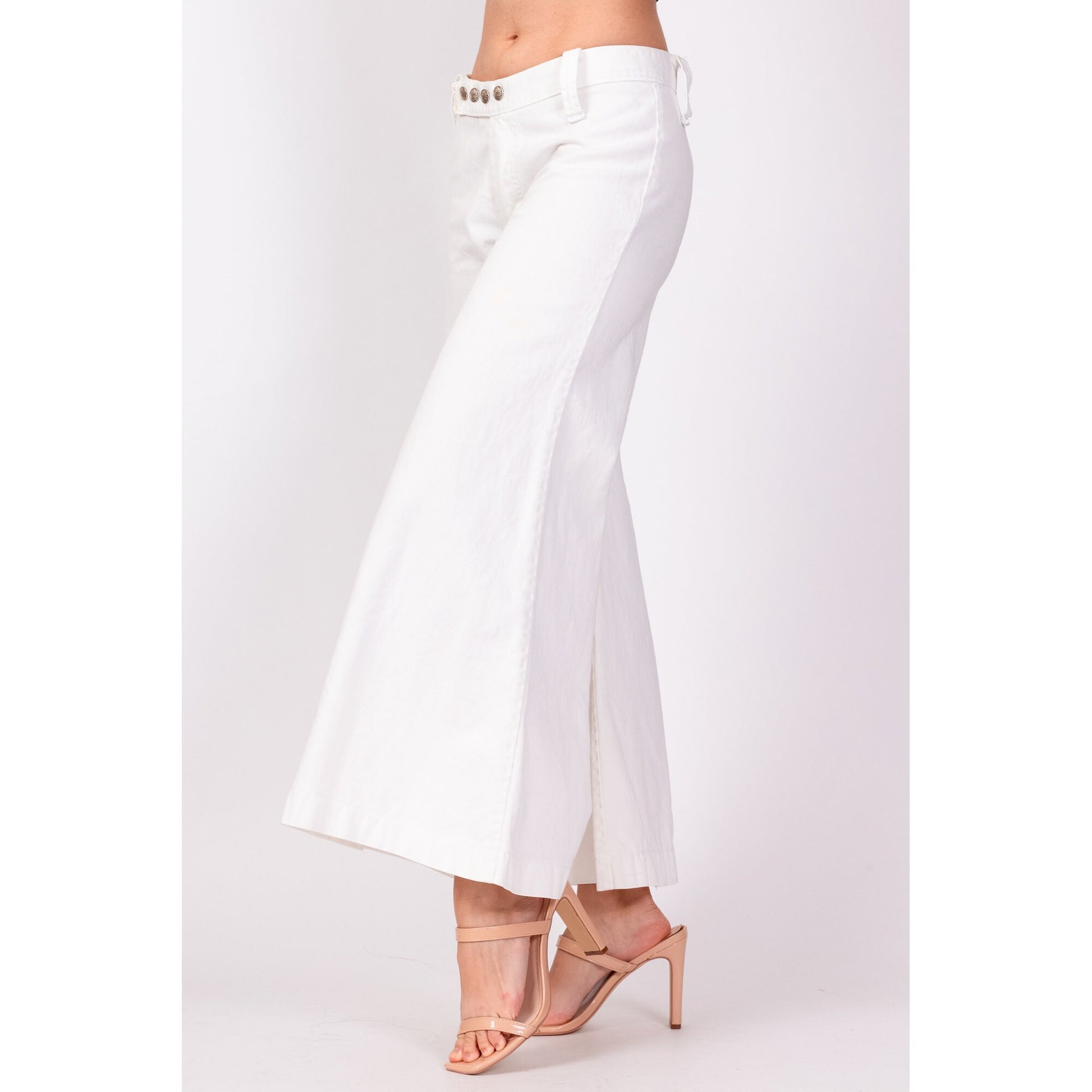 70s White Low Rise Bell Bottoms - Extra Small | Vintage Cotton Retro Hippie Flared Pants Sailor Jeans