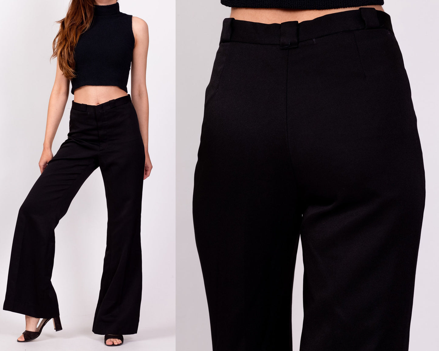 70s Black High Waisted Flared Pants - Petite Small, 26" 