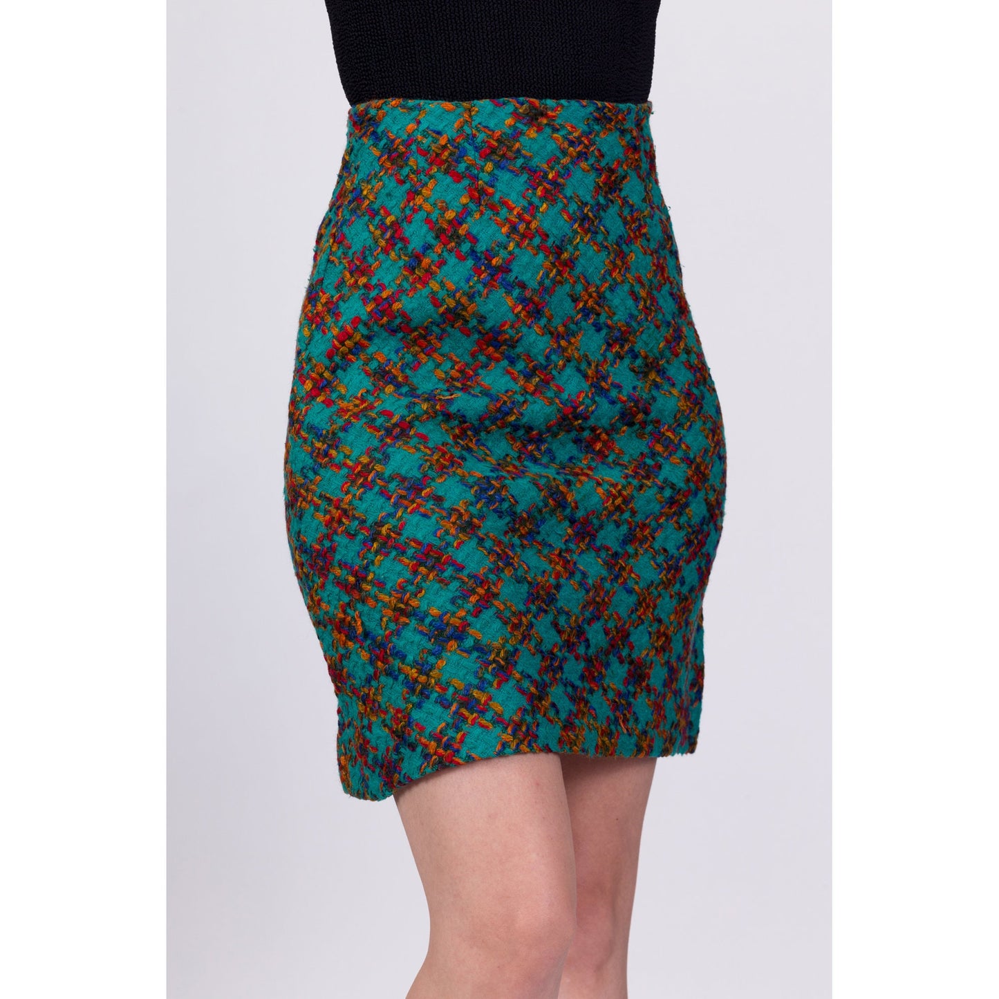 70s Plaid Knit Mini Skirt - Extra Small, 24" 