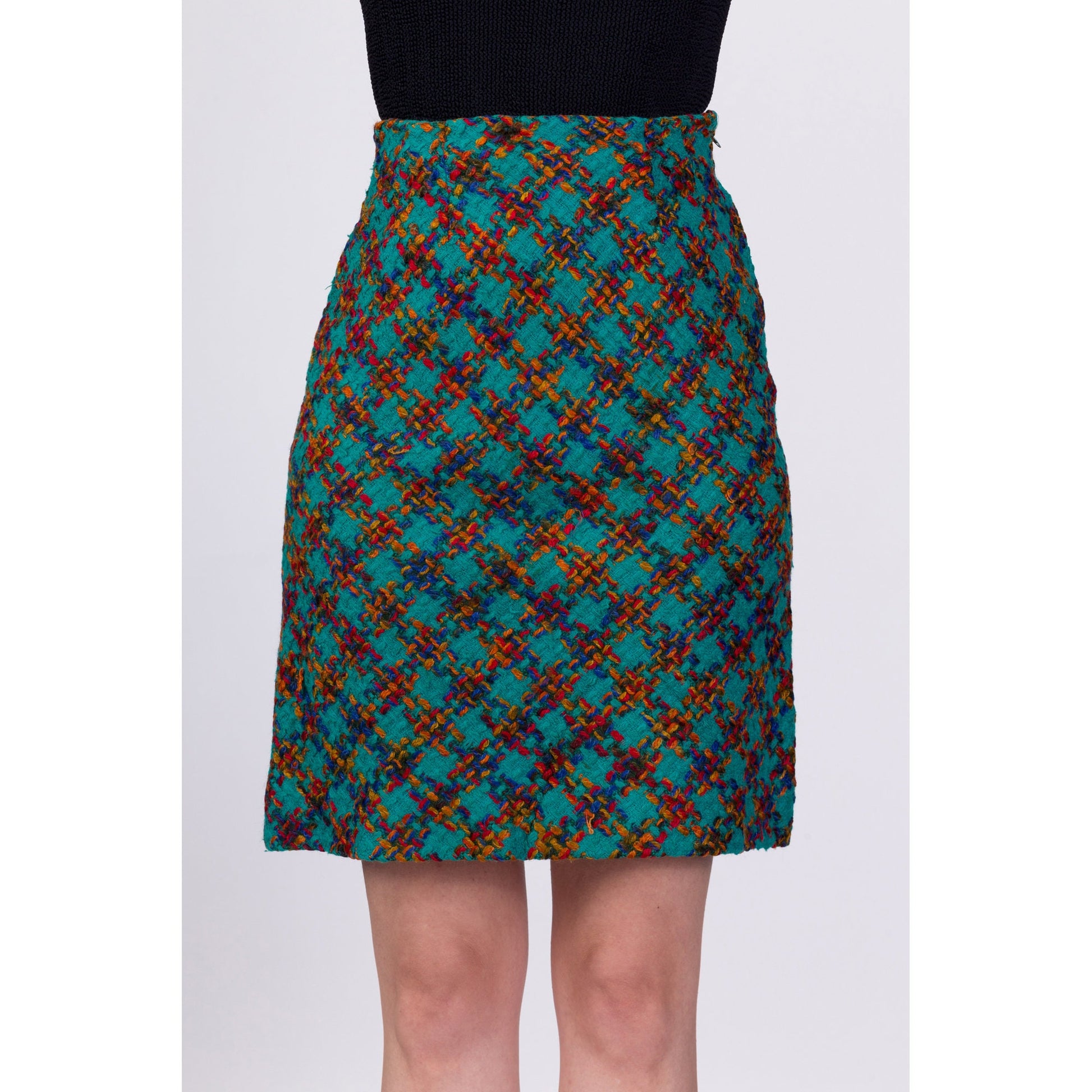 70s Plaid Knit Mini Skirt - Extra Small, 24" 