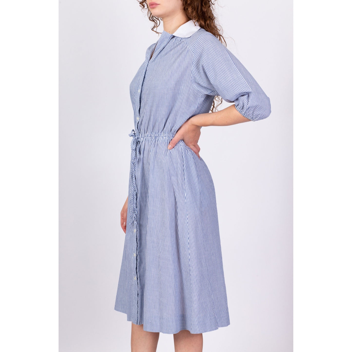 90s Blue & White Pinstriped Shirtdress - Large 