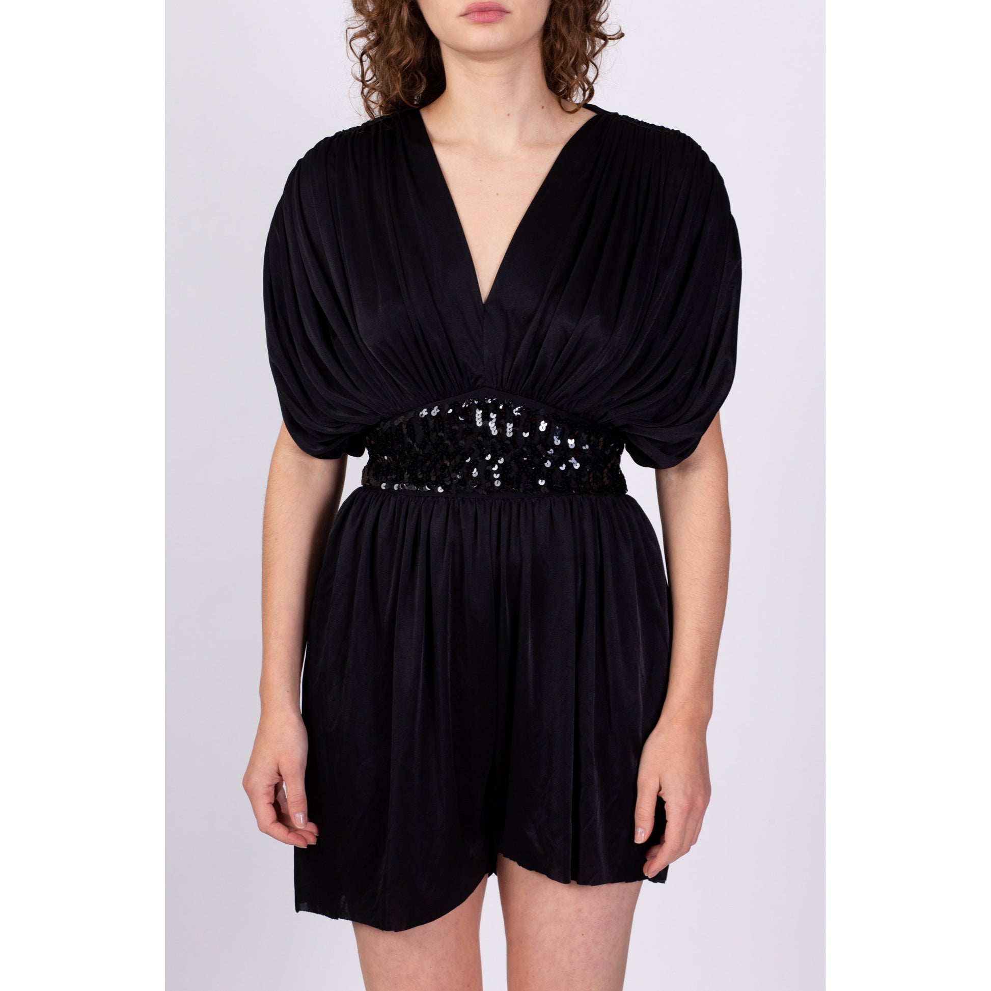 80s Black Draped Sequin Romper, As Is - Small 